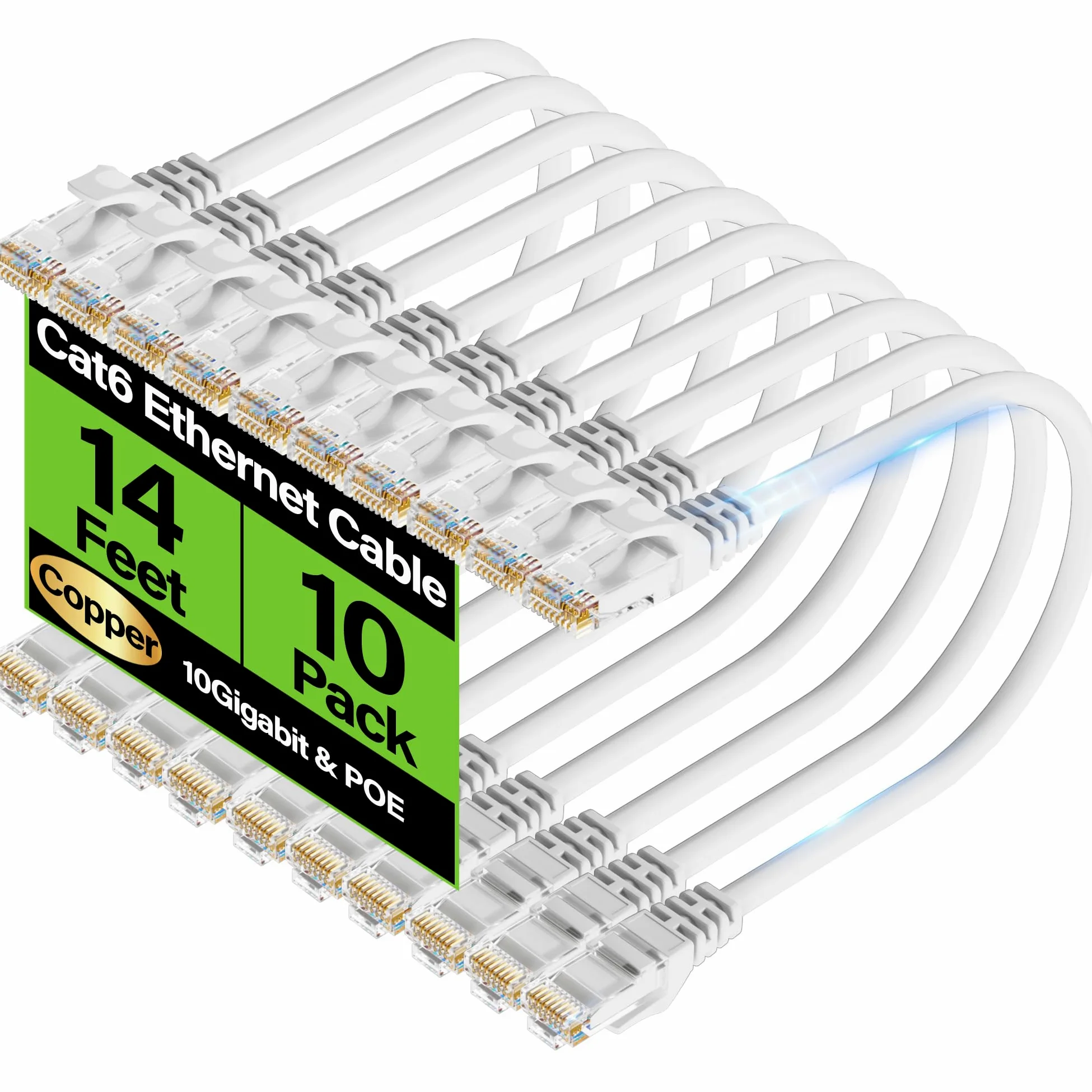Cavo Ethernet Cat6, 10 Gbps, 4,3 m (confezione da 10), cavi patch flessibili in rame nudo Cat6, cavo Ethernet UTP Cat 6, cavo di rete antigroviglio per server, data center, bianco