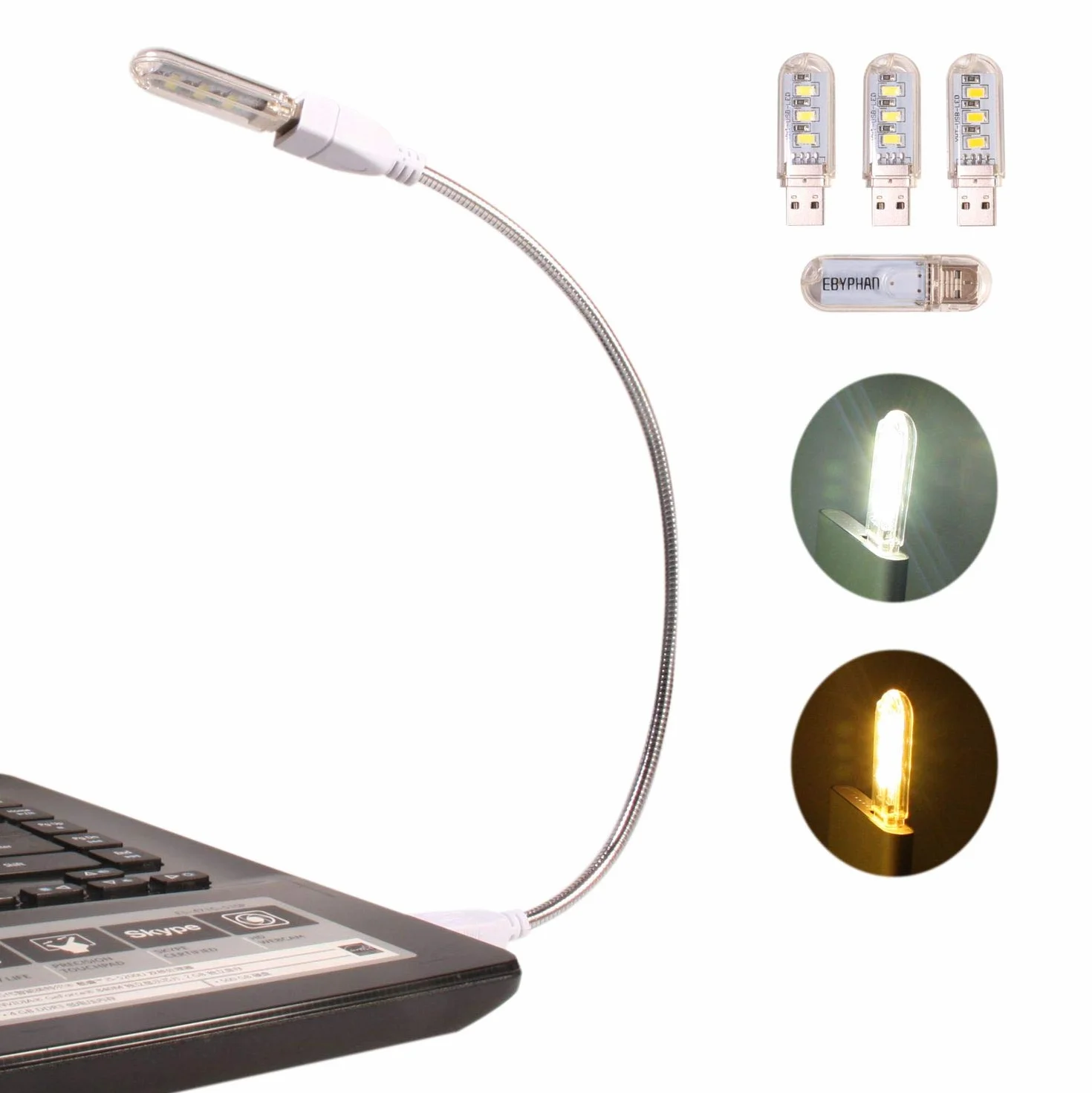 LED Lampada USB, Luce LED USB Portatile, Luce Tastiera per PC Computer, Lampada da Lettura Regolabile, Collo di Cigno Flessibile + Luci Bianche/Gialle