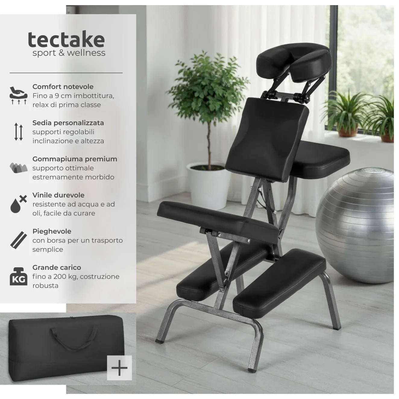 tectake Sedia da Massaggi Portatile, Poltrona Fisioterapia 80x50x105 cm - Nero