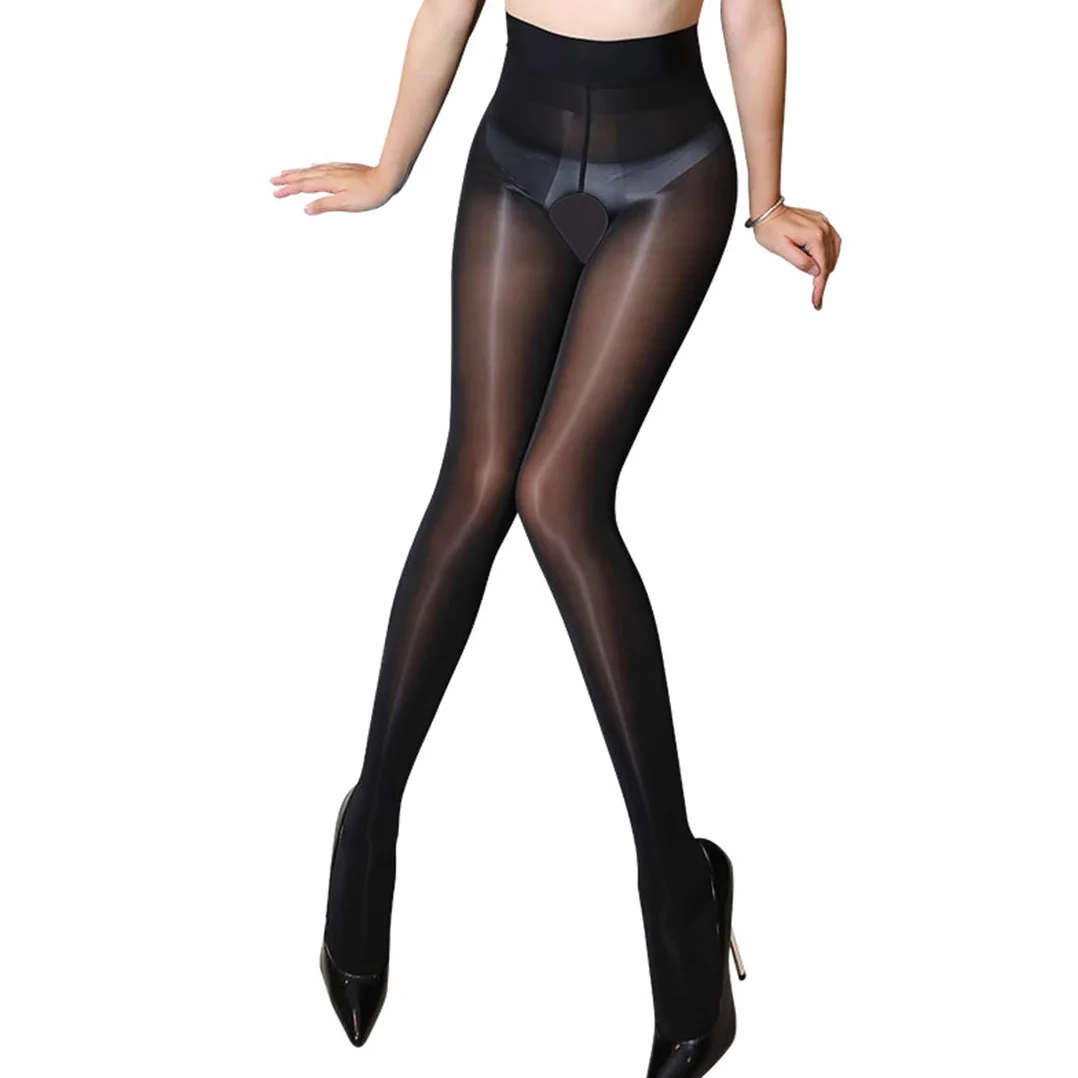 Sexy trasparente lucido collant a vita alta con calze autoreggenti