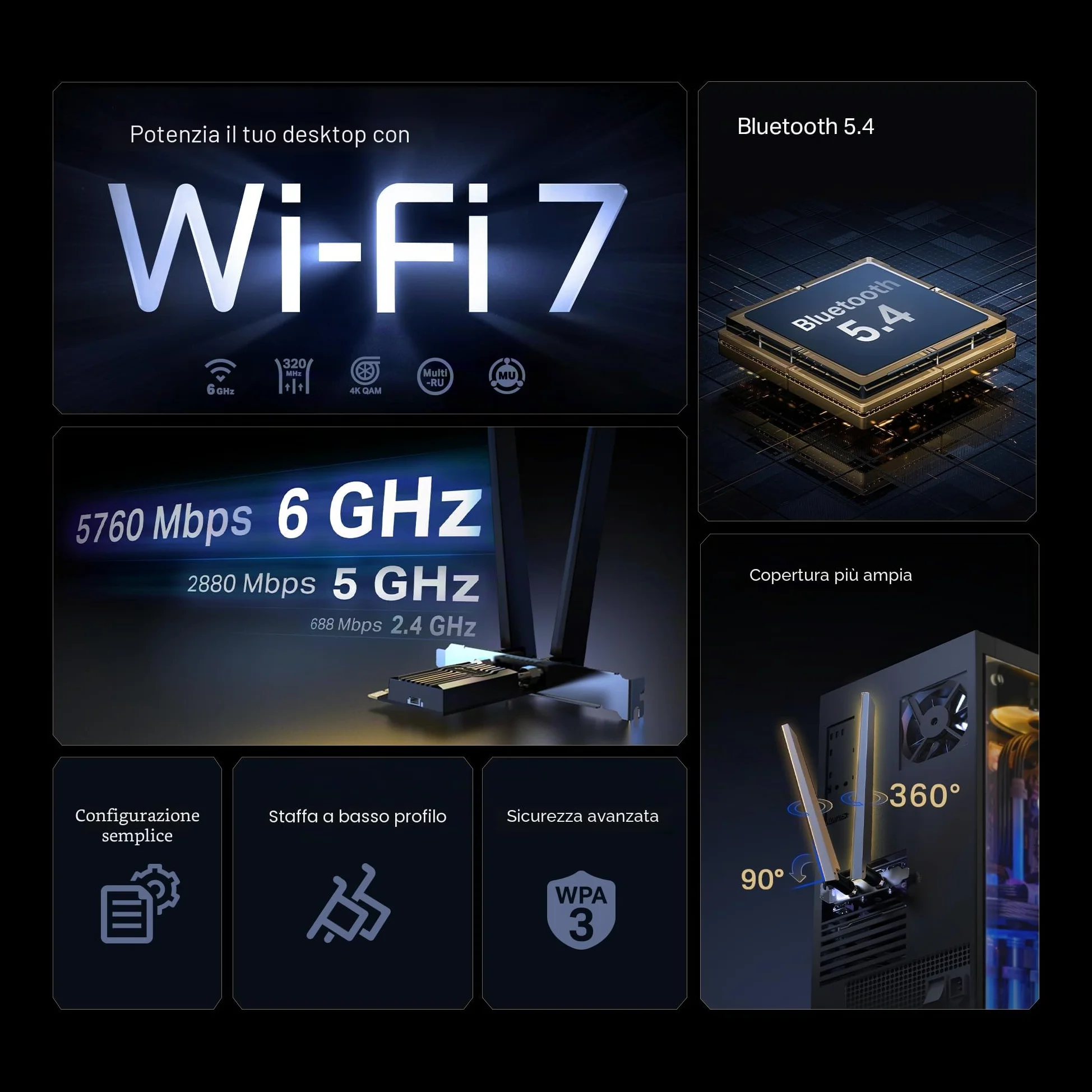 TP-Link WiFi 7 BE9300 PCIe WiFi Card Archer TBE552E | Scheda di rete Tri-Band per PC desktop | Bluetooth 5.4 | Antenna ad alto guadagno | MLO, WPA3 | Supporta scheda madre AMD/Intel | Non compatibile