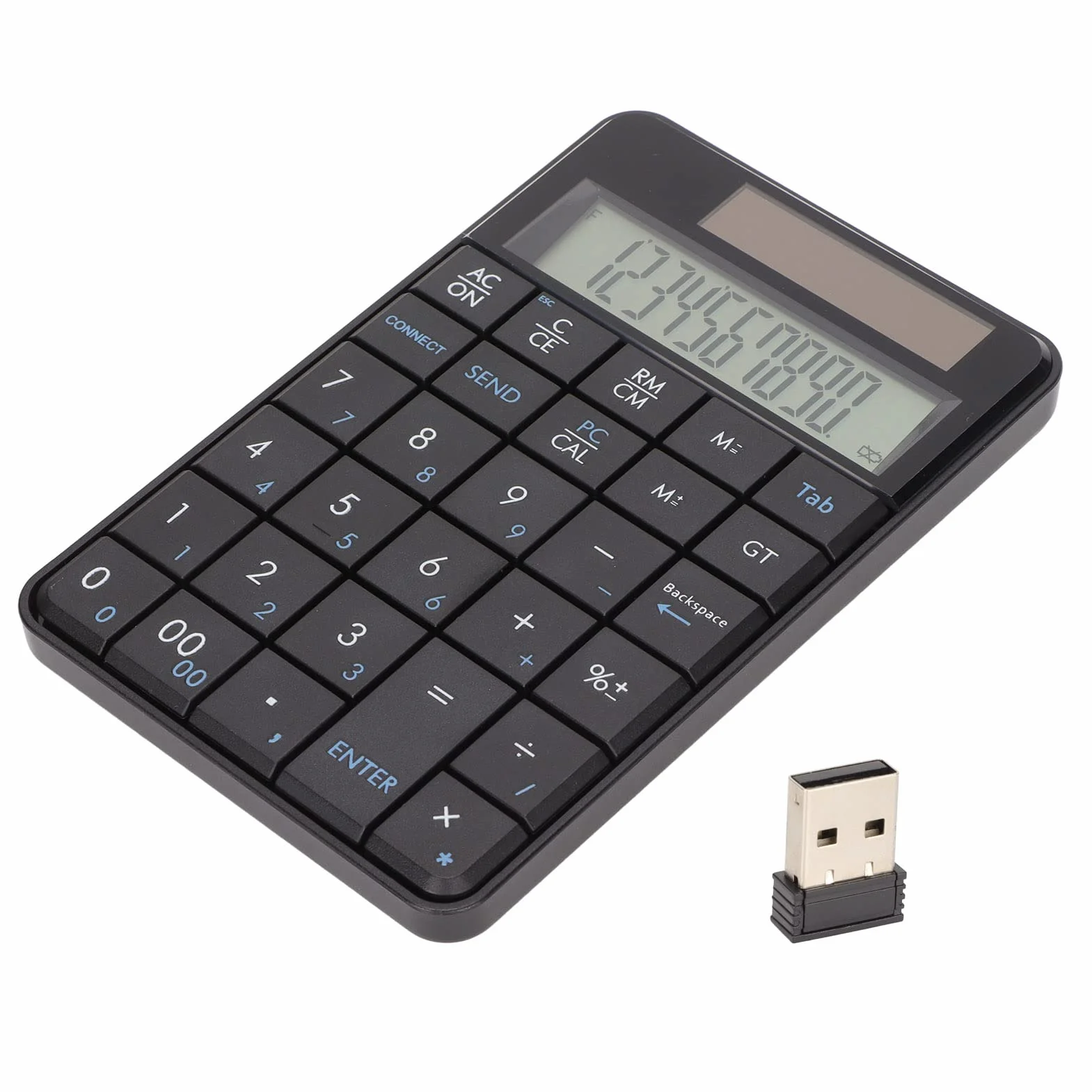 Fabater Tastierino Numerico Wireless con Calcolatrice, Tastiera Numerica da 29 Tasti da 2,4 GHz Tastierino Numerico Ergonomico USB Plug and Play Alimentato Ad Energia Solare per PC Portatile