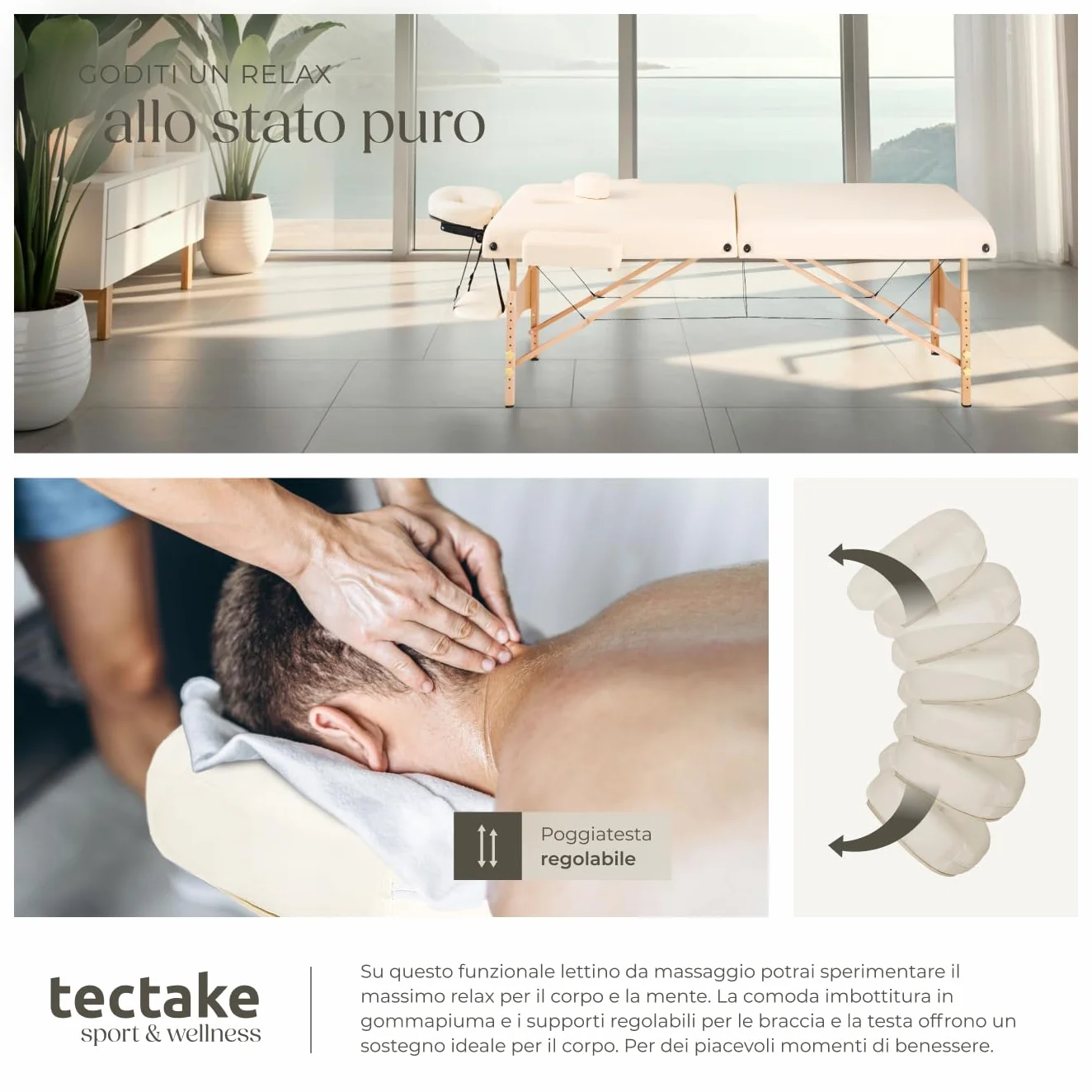 tectake Set Lettino Massaggio a 2 Zone con Rulli Portatile Pieghevole 7,5 cm Beige