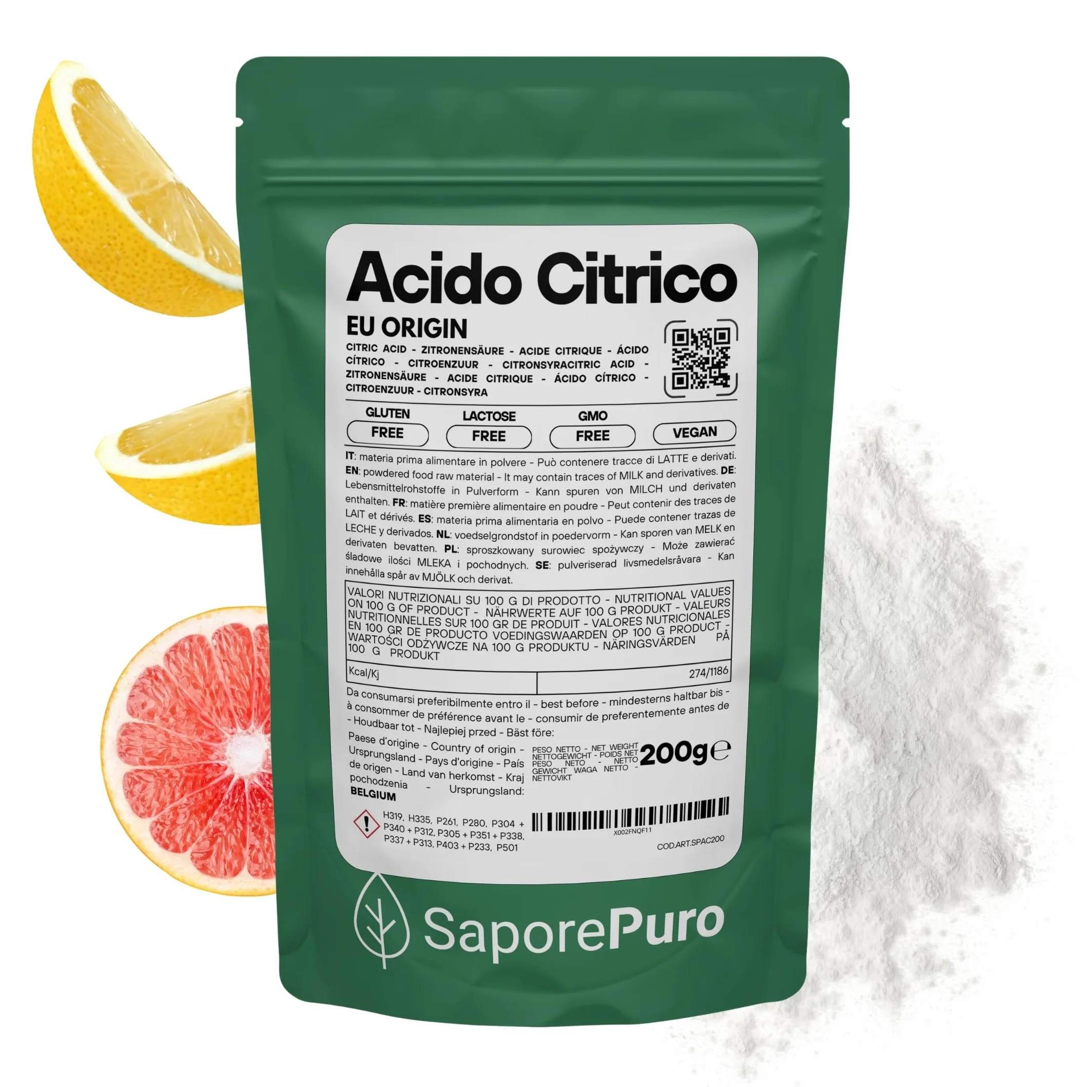 Acido Citrico Monoidrato 200 g Regolatore di pH Senza Glutine per Conserve e Bevande
