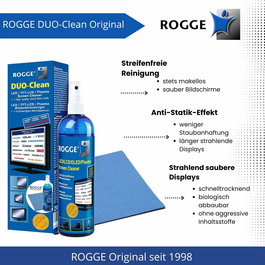 ROGGE DUO CLean Set di pulizia 250ml LCD/TFT + Pulitore Plasma + Panno microfibra Vileda