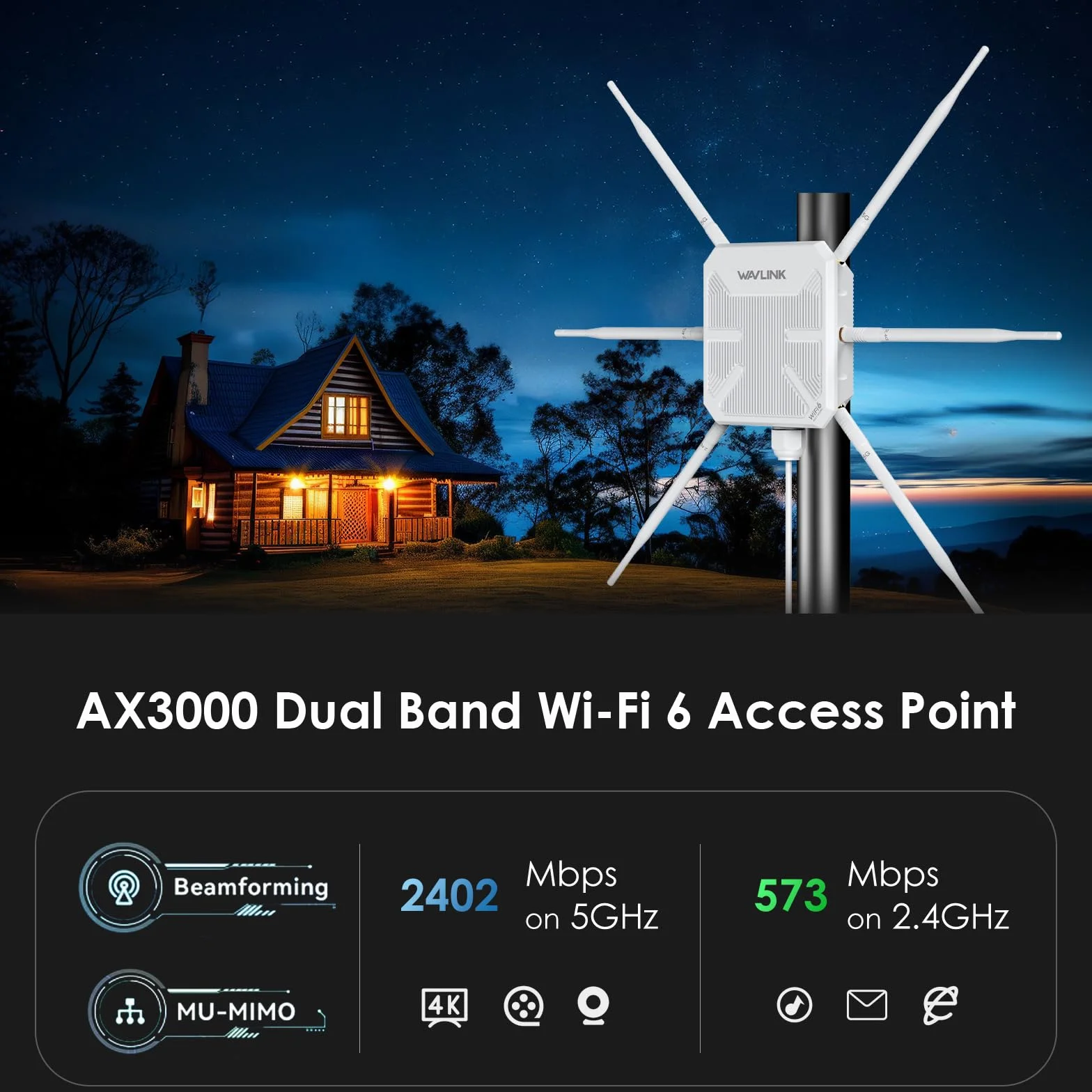 Ripetitore WiFi Esterno Potente Wavlink AX3000 WiFi 6 – Antenna 360°, Lungo Raggio, Mesh, PoE, IP67 – Ideale per Giardini, Grandi Spazi e Aree Esterne Lontane