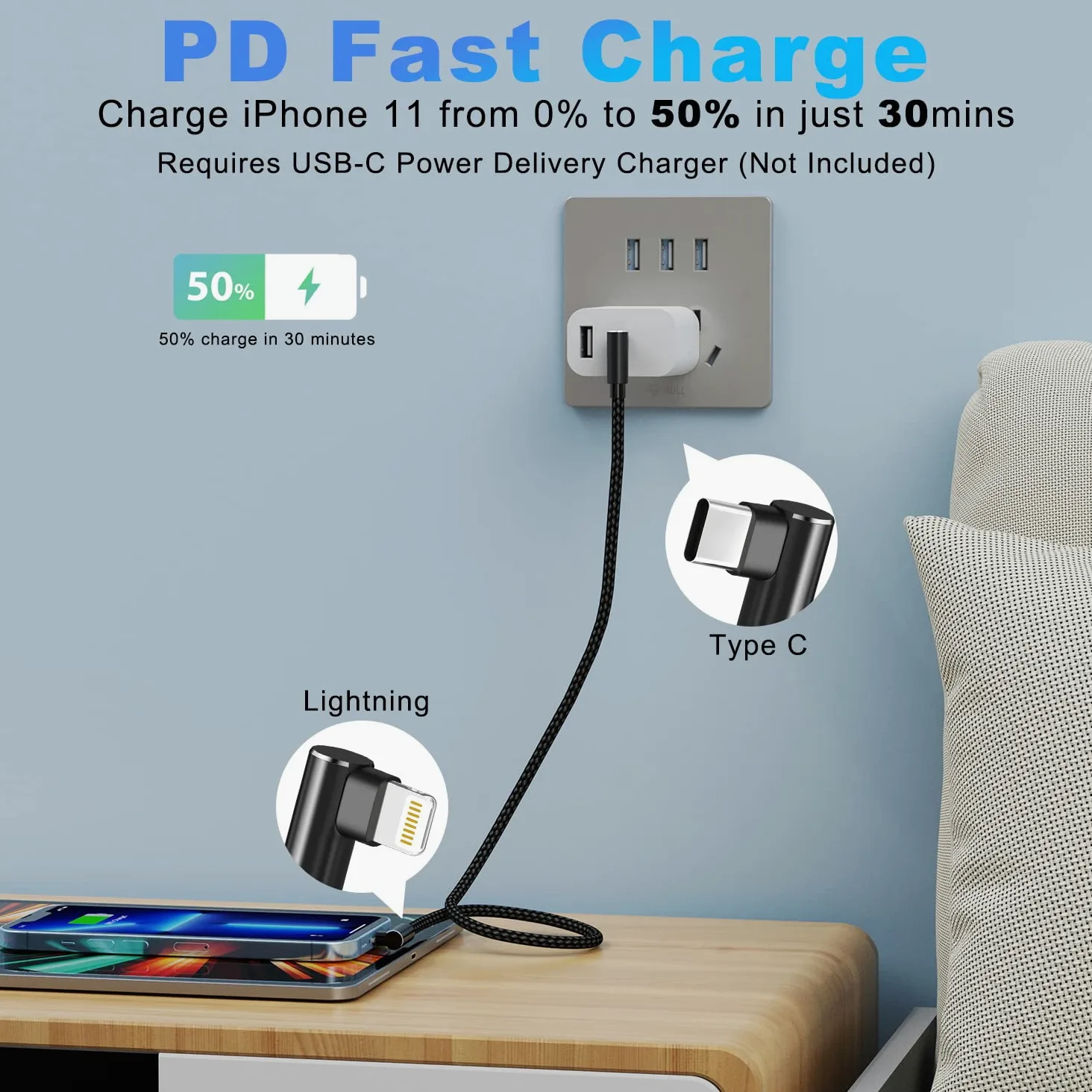 Cavo da USB C a Lightning da 0,3 m, confezione da 3 pezzi, certificato MFi, ad angolo retto, per iPhone 13, 12, 11, Pro, X, XS, XR, 8 Plus, 7, 6, 5 (nero)