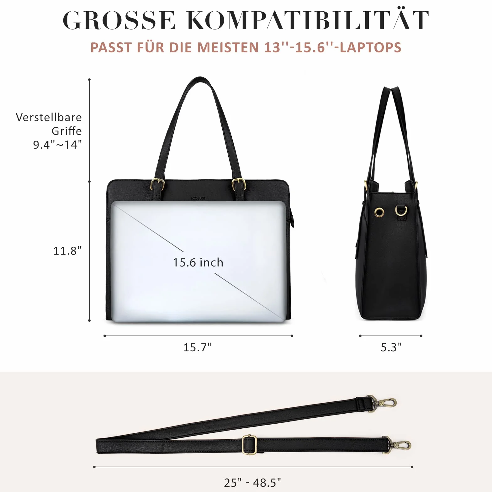 ECOSUSI Borsa per computer portatile da donna, 15,6 pollici, grande borsa a tracolla in pelle, borsa da lavoro, 1-nero