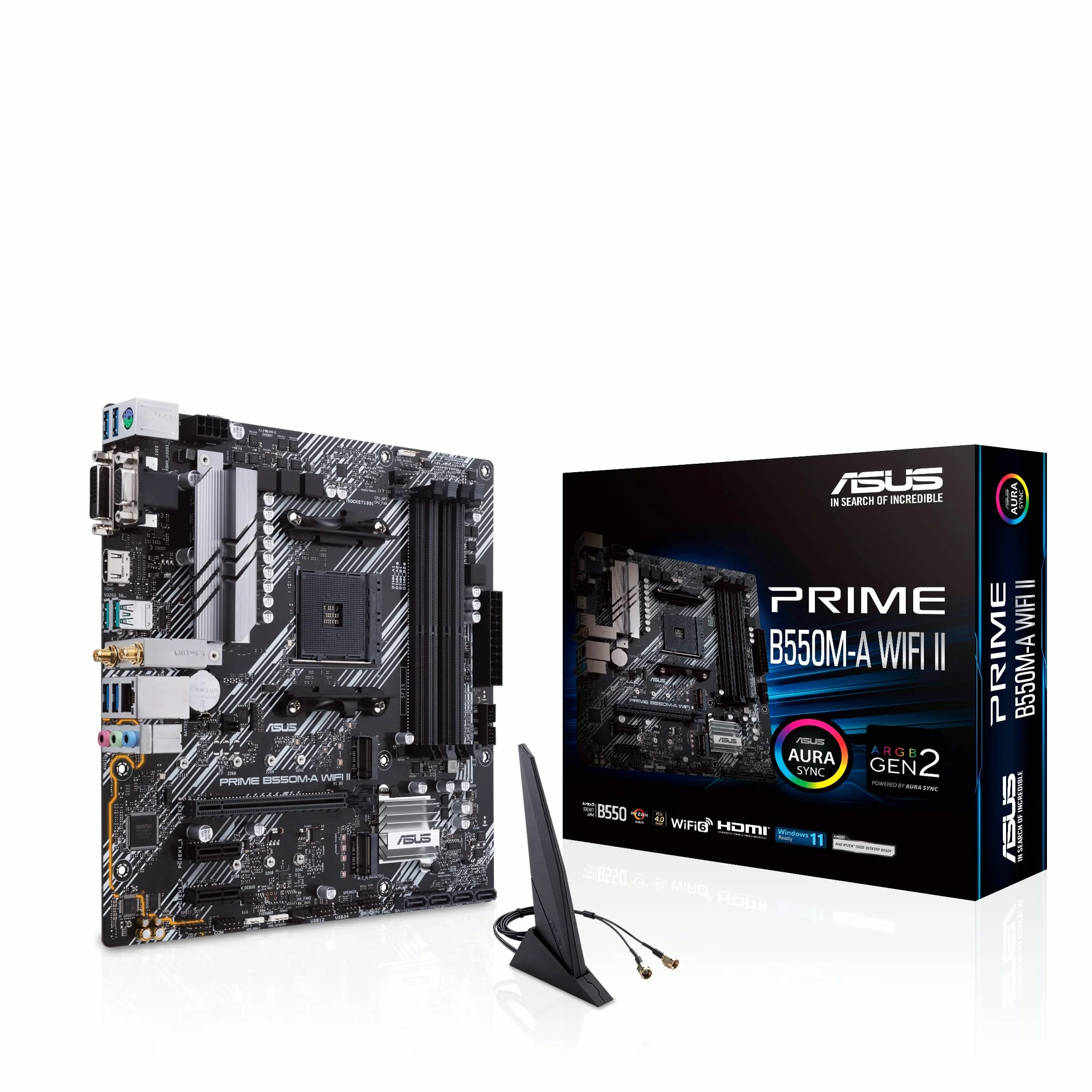 ASUS PRIME B550M-A WiFi II Scheda Madre microATX, AMD B550, Socket AM4, DDR4, PCI 4.0, LAN Realtek 1Gb, WiFi 6 (802.11ax), 2xM.2, 4xSATA 6GB/s, 2xUSB 3.2 Gen 2, Supporto Aura Sync RGB, Nero