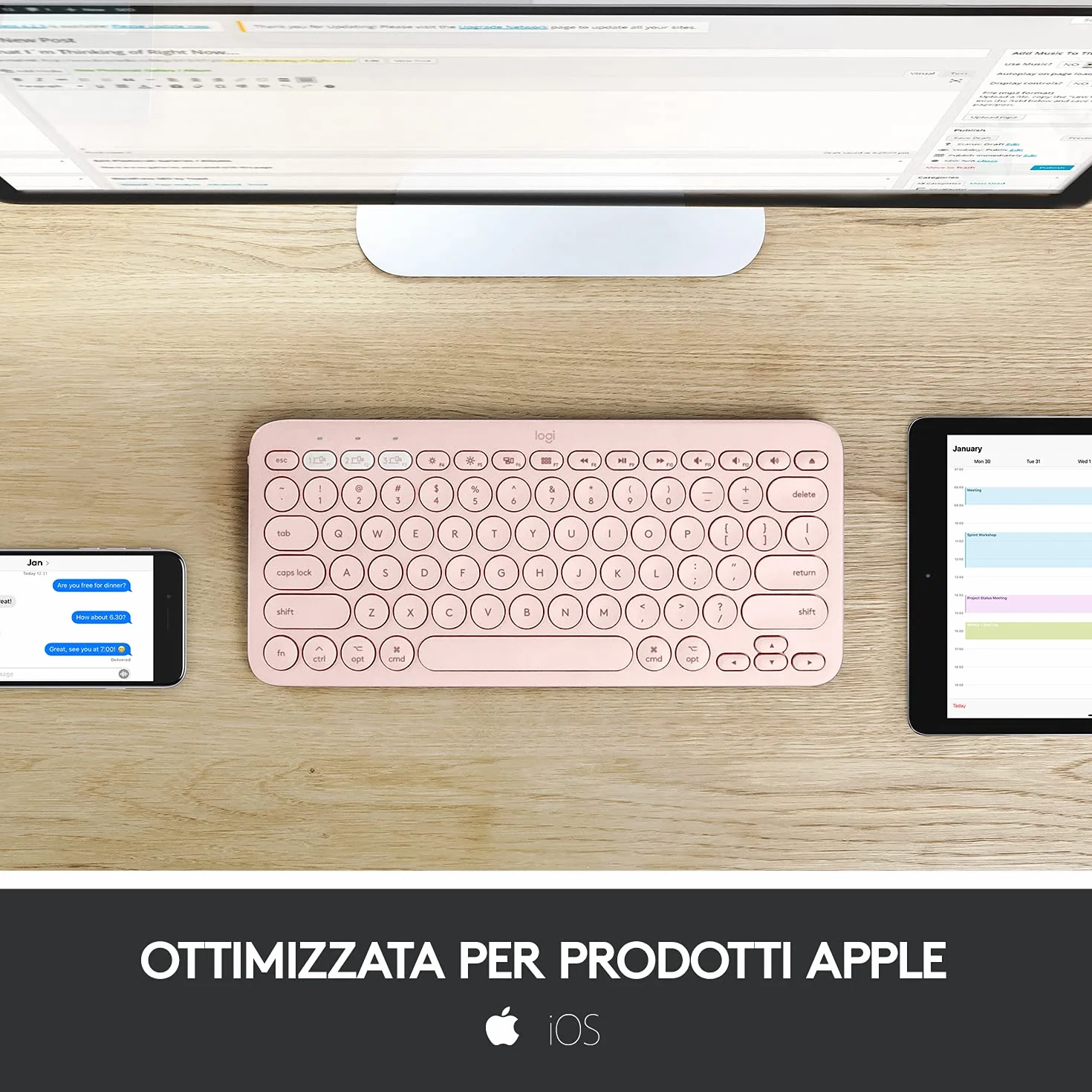 Logitech K380 Tastiera Bluetooth Multidispositivo per Mac, Rosa, Layout Qwerty Italiano, Compatta