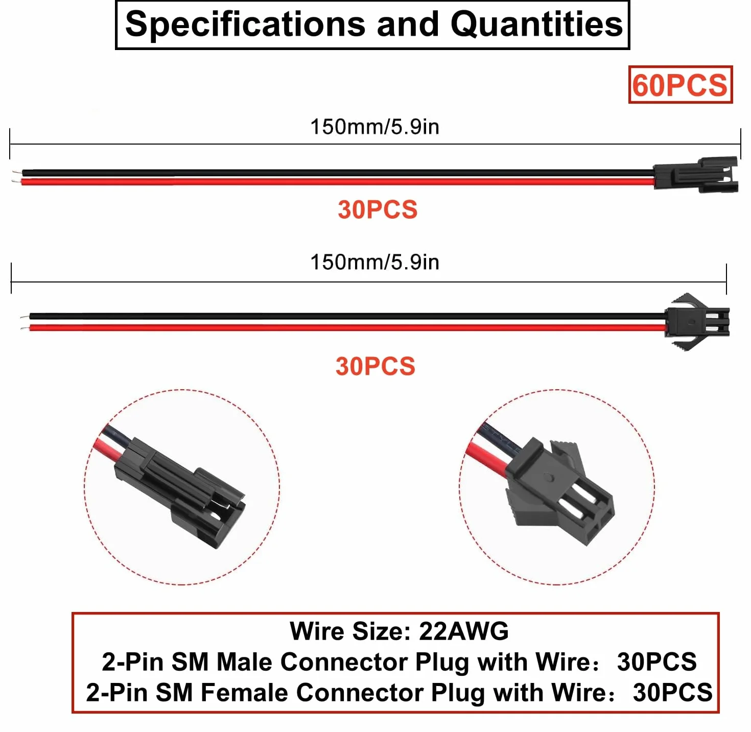 30 Paia JST SM 2 Pin Plug Maschio a Femmina Cavo Adattatore,22 AWG JST 2-Pin Adattatore Micro Elettrico Spina,Connettore Maschio e Femmina,con 150 mm Cavo,Elettrico Filo per Luce LED
