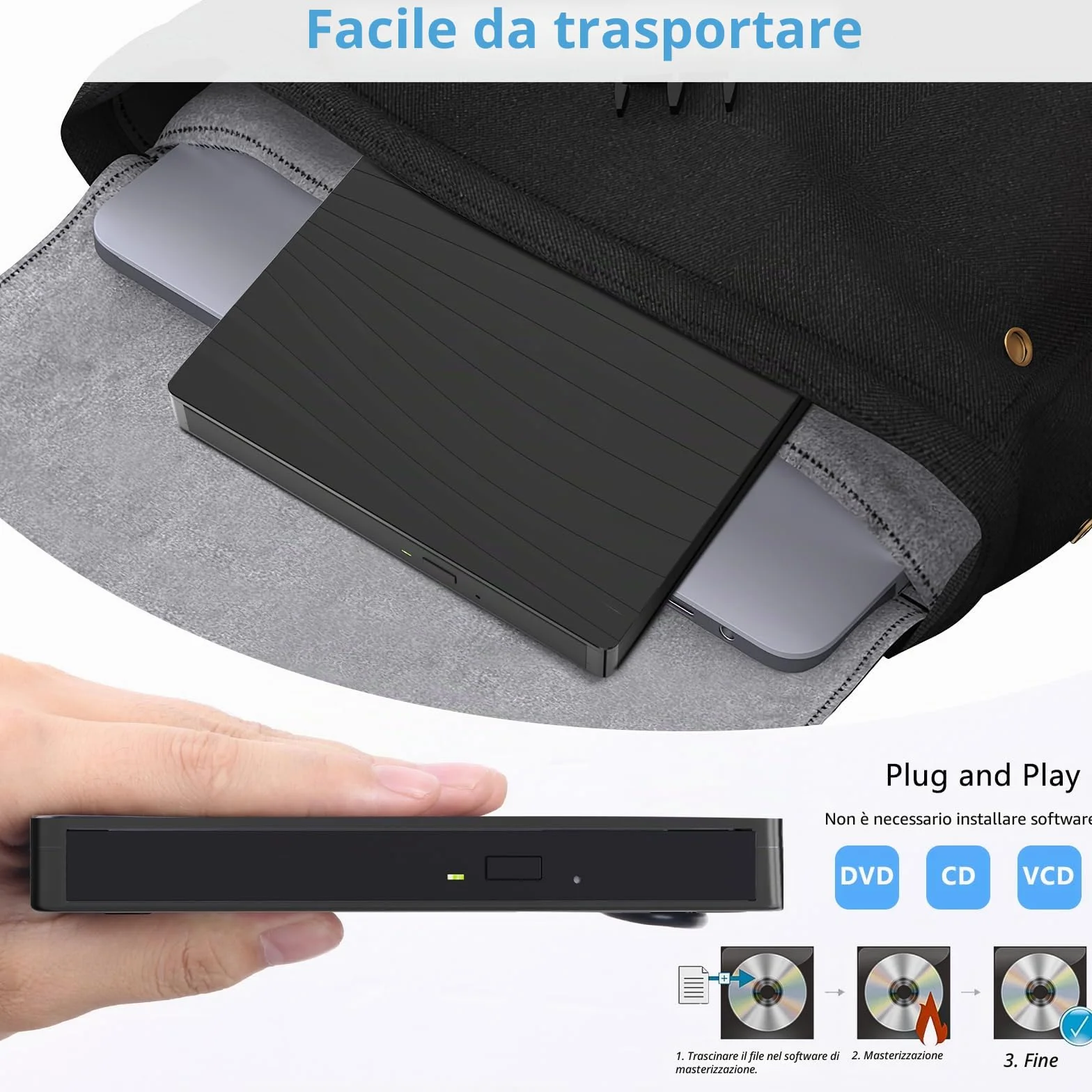 Lettore DVD Esterno per PC Portatile USB 3.0, Slim USB C CD RW Masterizzatore Esterno per Laptop, Desktop, Macbook Air/Pro, Compatibile con Windows 11/10/XP/8/7/Vista/Linux/MacOS