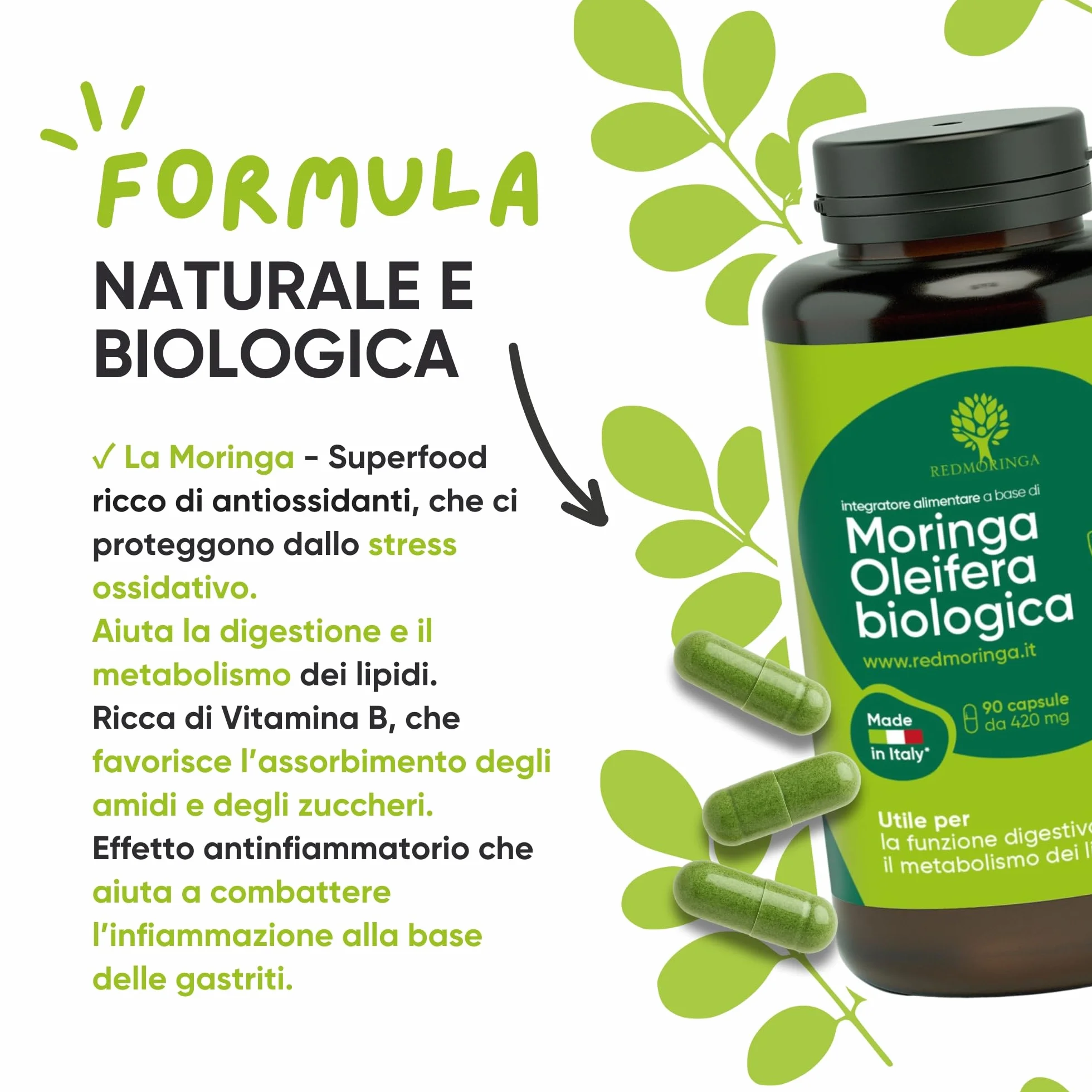 Integratore Moringa Oleifera Biologica 100% Naturale Capsule Vegetali 90 Capsule Made in Italy