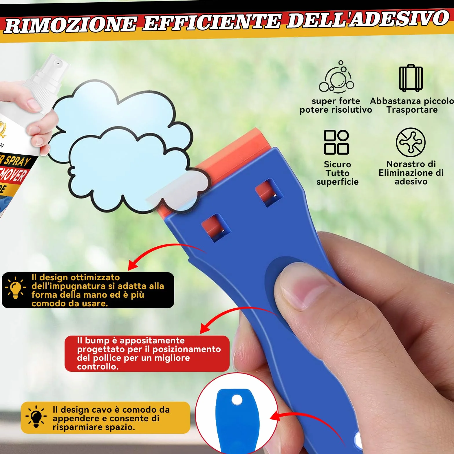 Rimuovi Colla Adesivi Spray 120ml con Raschietto in Plastica