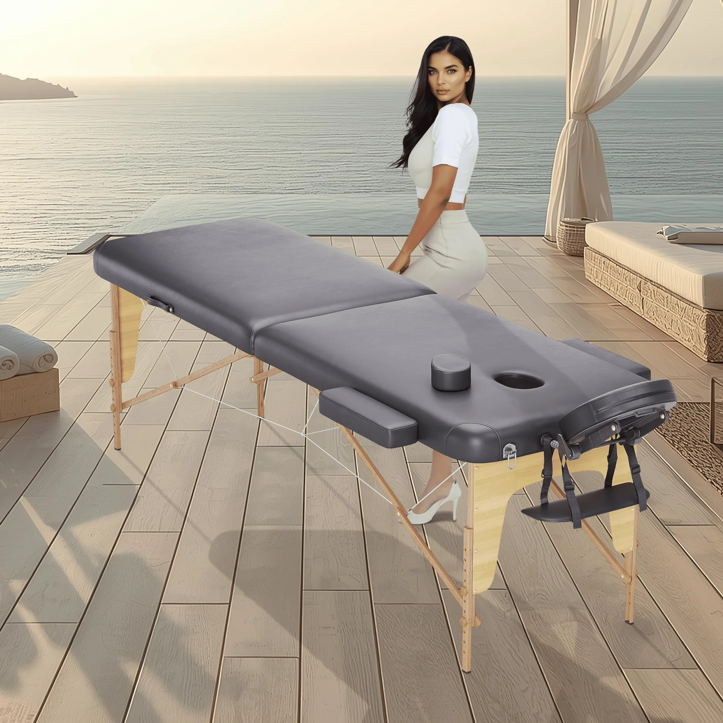 Beltom Lettino da Massaggio 2 Zone in Legno Portatile 185 x 60 cm 11,7 kg Nero