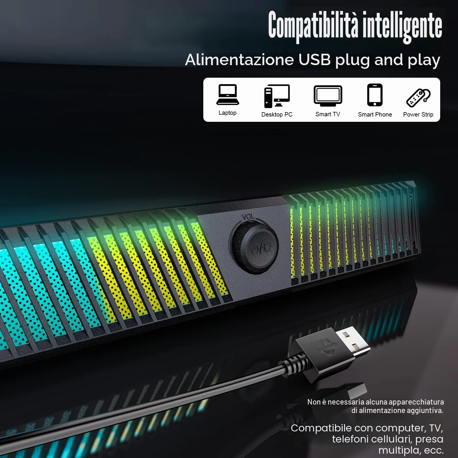 Altoparlanti computer Bluetooth Sound Bar RGB con Subwoofer Stereo HiFi PC USB