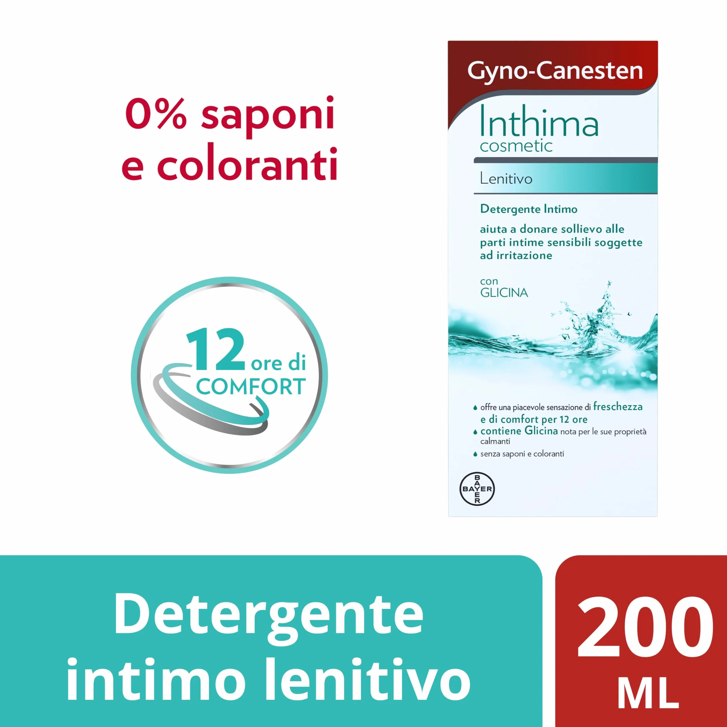 Gyno-Canesten Inthima Cosmetic Lenitivo Sapone Intimo Igiene Intima Detergente 12 Ore Comfort Freschezza Donna Uomo Glicina 200 ml