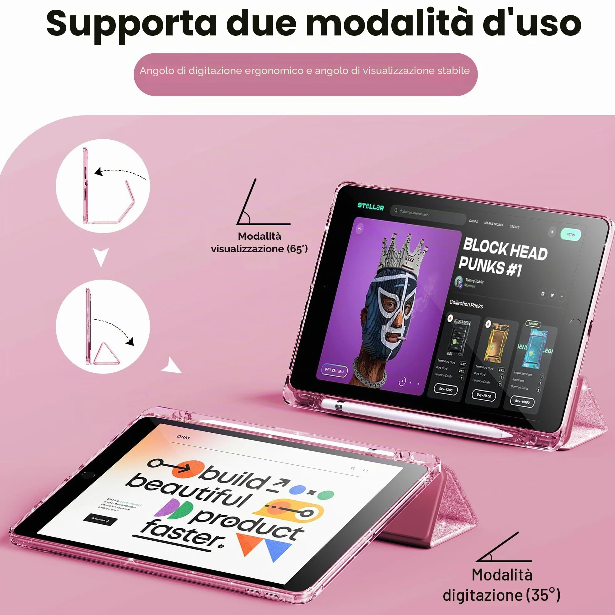 Custodia iPad 10,2" Glitterata Retro Trasparente Portapenne Bambine Rosa