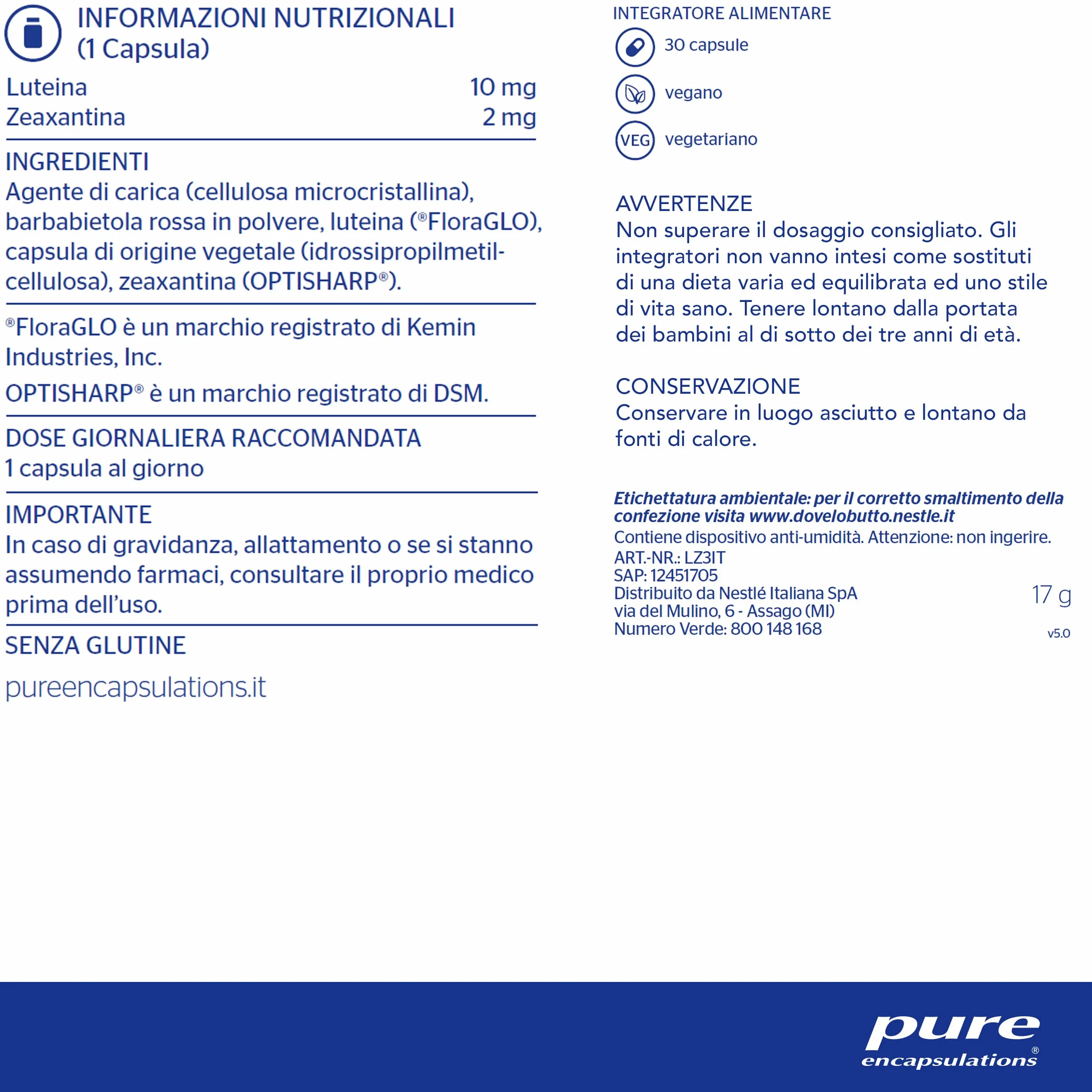 Pure Encapsulations Luteina Zeaxantina Integratore Carotenoidi Naturali 30 Capsule