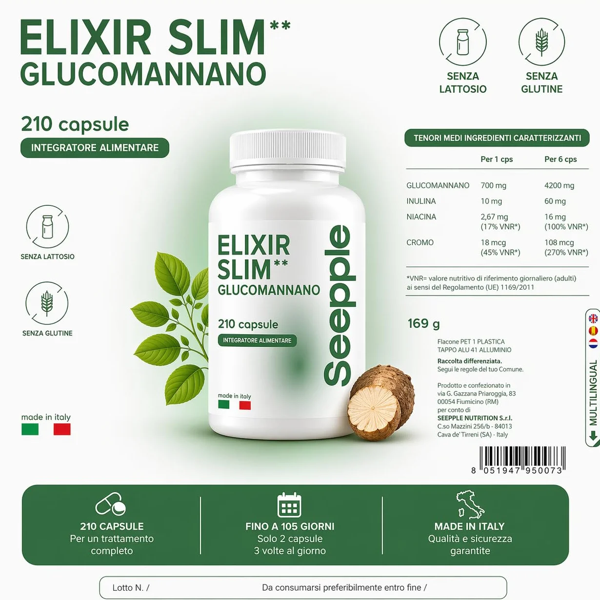 ELIXIR SLIM GLUCOMANNANO Integratore Controllo del Peso 210 Capsule Made In Italy