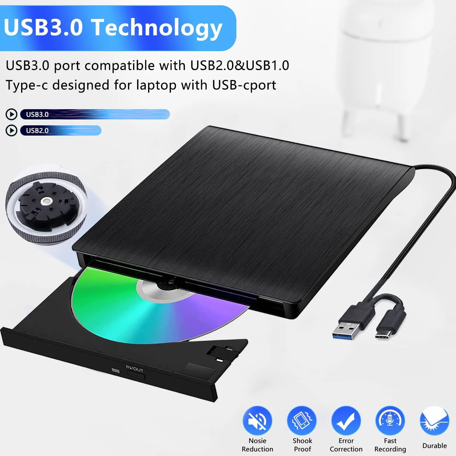 XIAOXIN Masterizzatore DVD Esterno, Lettore CD Esterno per Portatile Unità Esterna USB 3.0 DVD-R CD-RW Drive Dispositivo Ultra Slim Per Laptop Windows 98/ME/ 2000/XP/Vista/7/8/10/11 Mac Linux