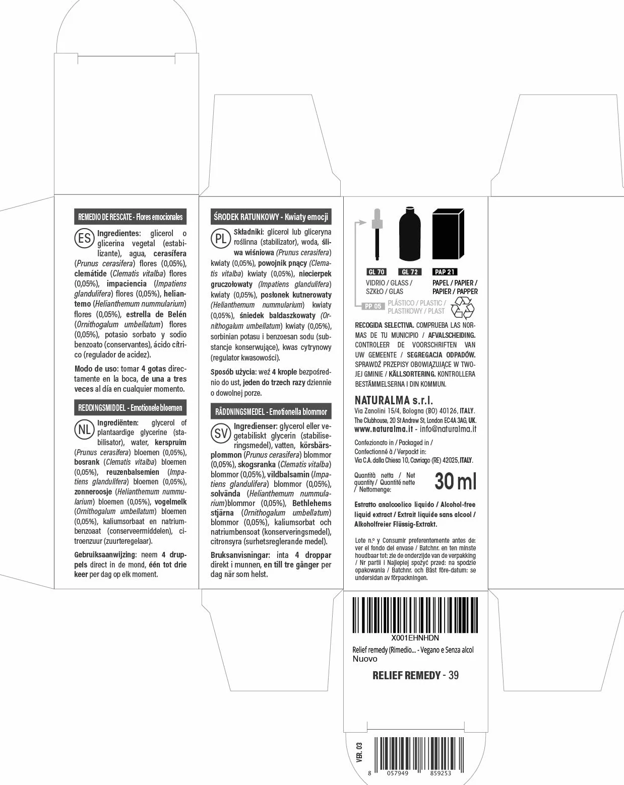 Naturalma Fiori di Bach Gocce 30 ml Estratto liquido analcoolico Essenze floreali Vegano