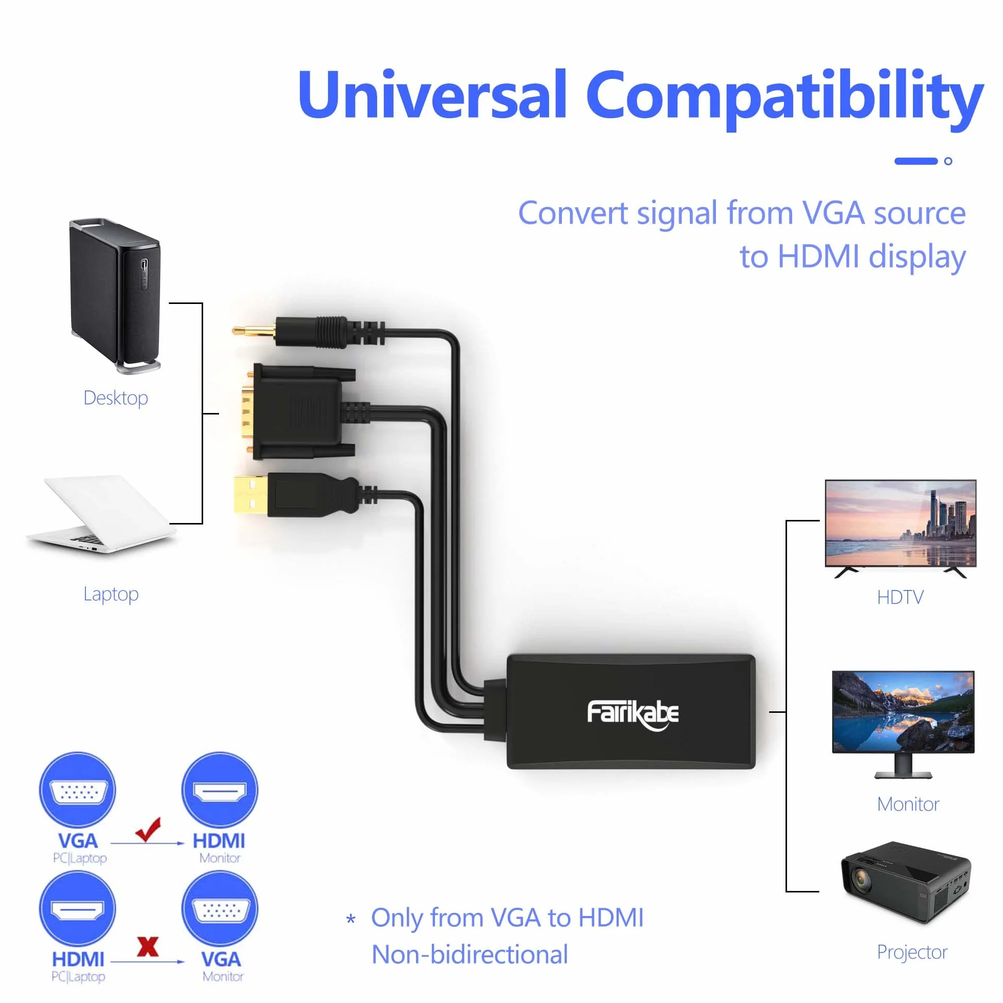fairikabe Adattatore VGA a HDMI con audio, (sorgente di uscita VGA del PC a TV/monitor con display di ingresso HDMI), convertitore vga maschio a hdmi femmina per monitor, 1080p