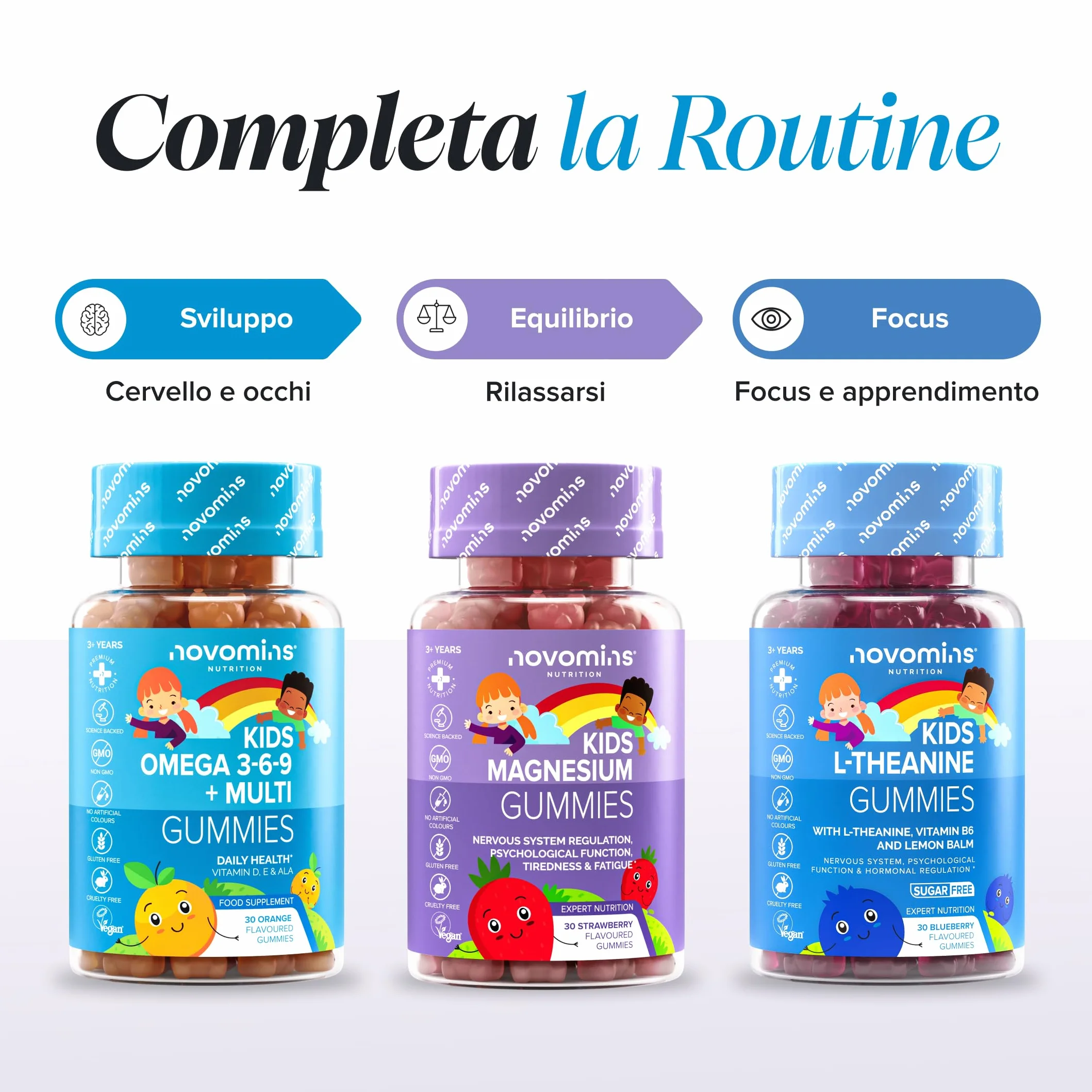 Novomins Omega 3 6 9 Vegan Gommose per Bambini con ALA Olio di Perilla 50mg Vitamine D ed E 30 Gusto Arancia