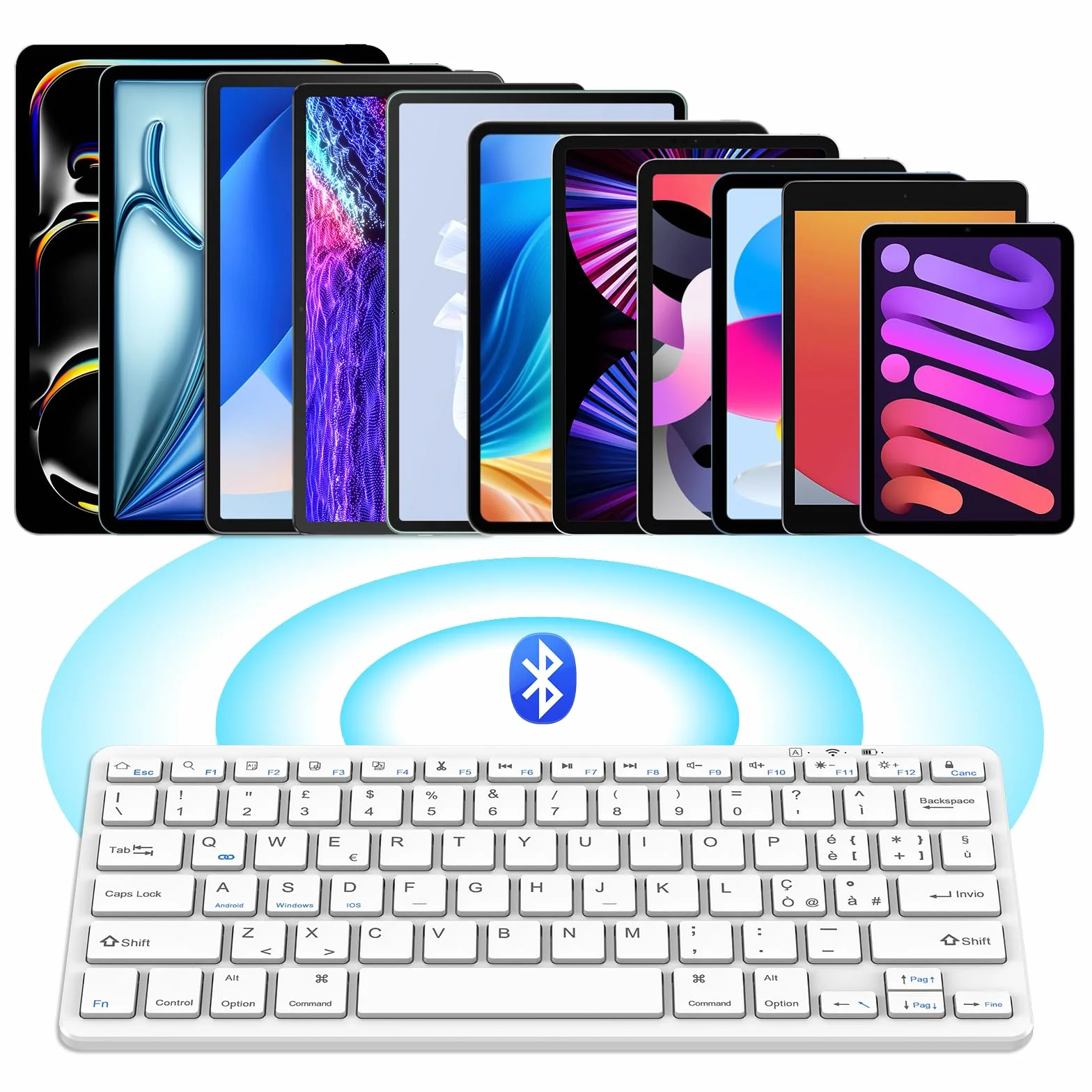 TQQ Tastiera Bluetooth Ricaricabile per iPad, Air, Pro, Mini, Samsung Tablet, Android e Windows, Tastiera Wireless, Bianco