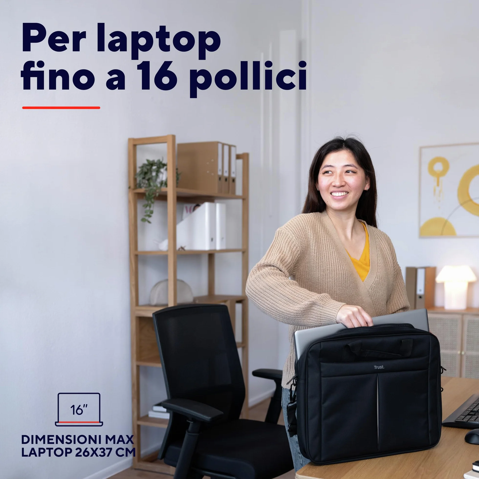 Trust Primo Borsa Porta PC Portatile 16 Pollici, Borsa a Tracolla Regolabile per Laptop Fino a 385 x 315 mm, Custodia Trasporto Tessuto Resistente per Computer Notebook Macbook Dell HP Asus, Nero