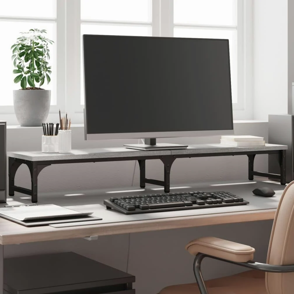 Supporto per monitor da 105 cm, in legno grigio Sonoma, regolabile in altezza, per scrivania, supporto per monitor con spazio per tastiera e forniture per ufficio