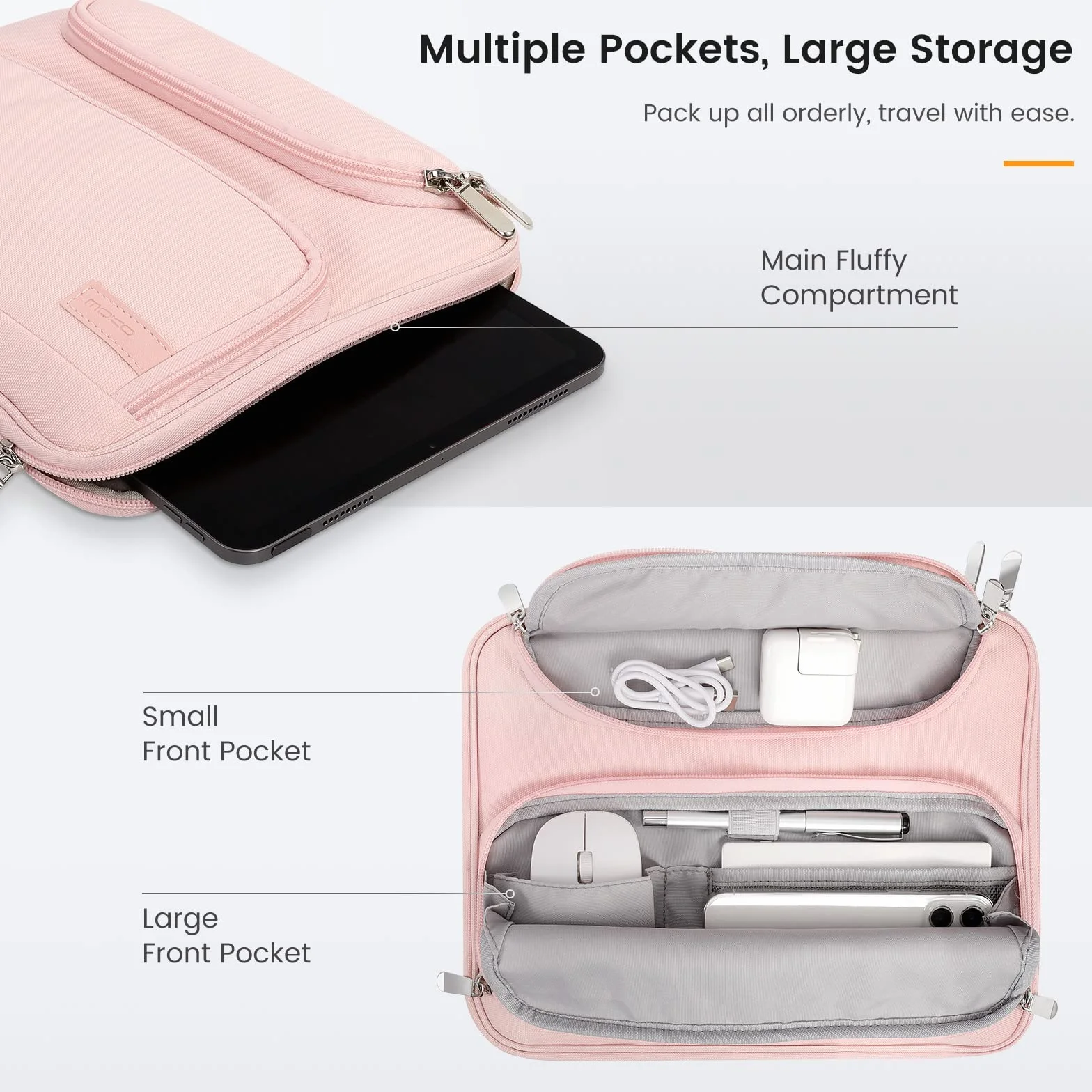 MoKo 9-11" Custodia Protettiva per Tablet con Manico, Compatibile con iPad 10a/Air 5 10.9, iPad PRO 11 M2, 9/8/7a Gen 10.2, Galaxy Tab S9/S8 11 2023, Borsa per Tablet con Tasche Multiple, Rosa