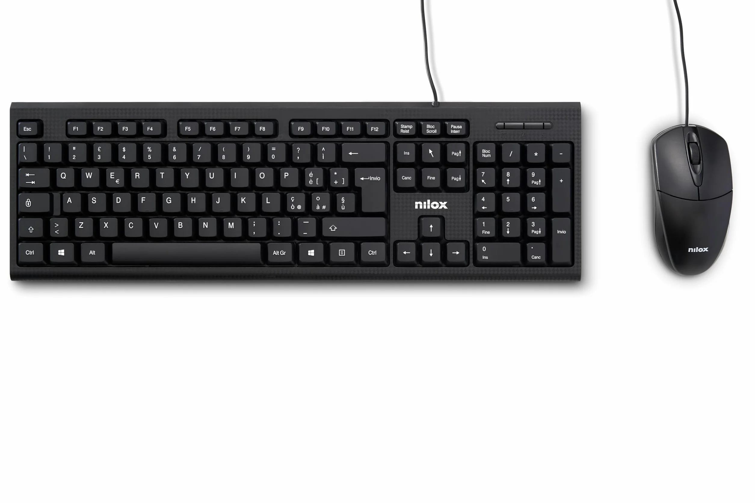 Nilox NXKMIT0011, Kit Tastiera e Mouse USB, Tastiera con Layout Italiano, Mouse con Sensore Ottico da 1600 DPI, Compatibile con Windows, Linux e Mac