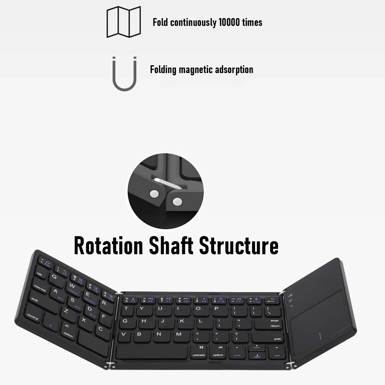 Bewinner Tastiera Pieghevole Bluetooth 5.1 con Touchpad, Tastiera Wireless Multidispositivo a 3 Canali, Ricaricabile di Tipo C, Portatile per Smartphone, Tablet, Laptop (BLACK)