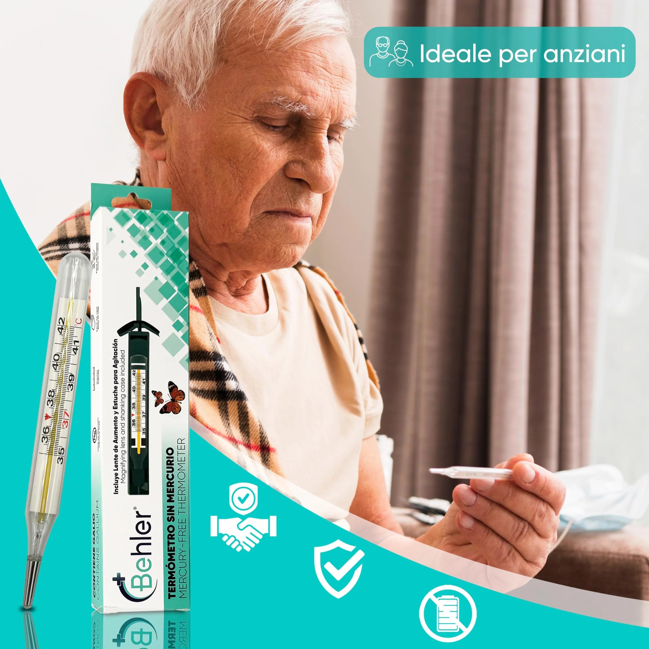 Termometro Febbre Senza Mercurio Senza Batterie Per Bambini e Adulti Include Lente di Ingrandimento e Custodia
