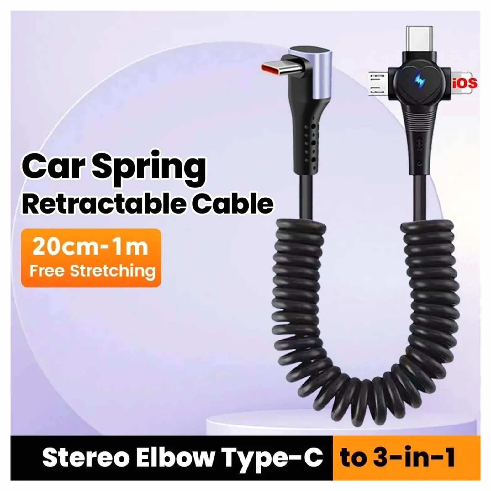 Cavo USB C a gomito a molla, 6 A, 66 W, ricarica rapida, tipo C, per iPhone e Samsung (3 in 1 a tipo C)