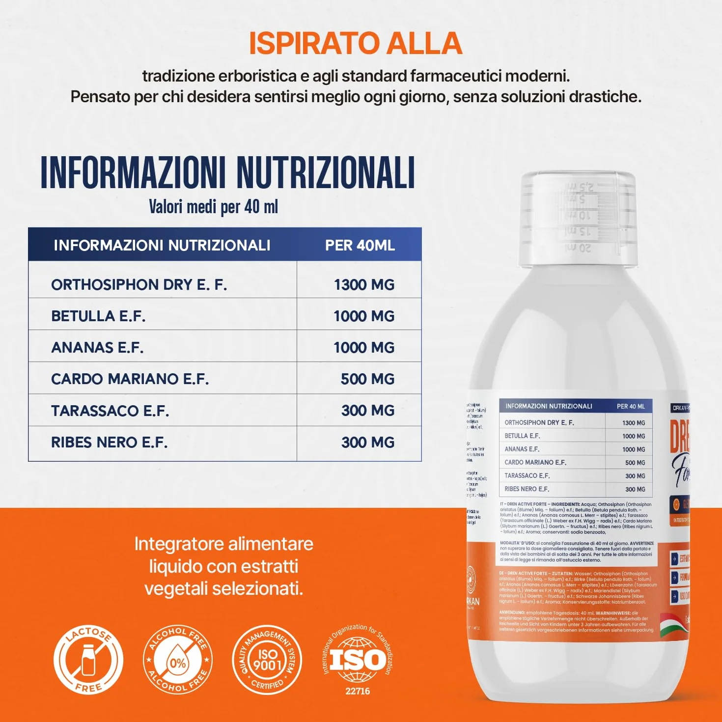 Diuretico Drenante Forte Detox Anticellulite 500 ML Gusto Arancia Made in Italy