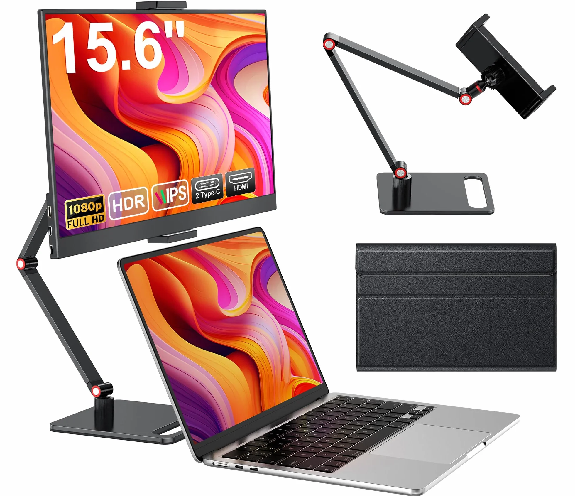 MAGICRAVEN Monitor Portatile per Laptop, 15,6" 1080P IPS Schermo Portatile, HDMI USB C Monitors con Altoparlanti, 125% sRGB Portable Monitor per Laptop/PC/Smartphone, con Supporto in Metallo&Cassa
