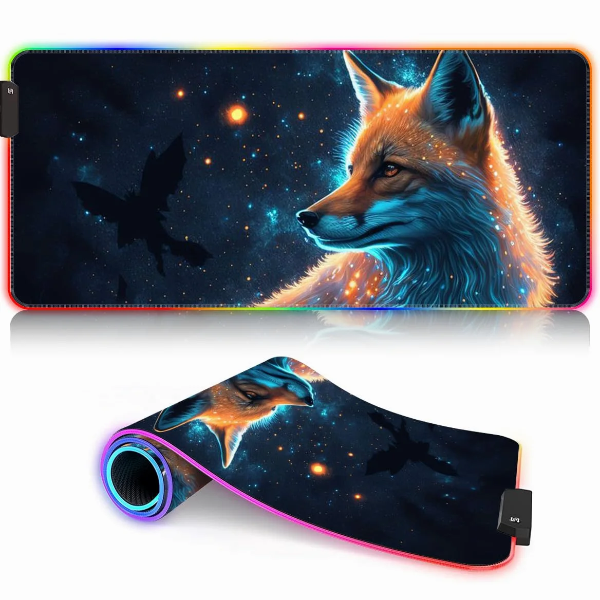Tappetino per mouse RGB, luce LED, tappetino per mouse con base in gomma, colorato per computer, tappetino da scrivania per PC e laptop, volpe neon, 40 x 90 cm