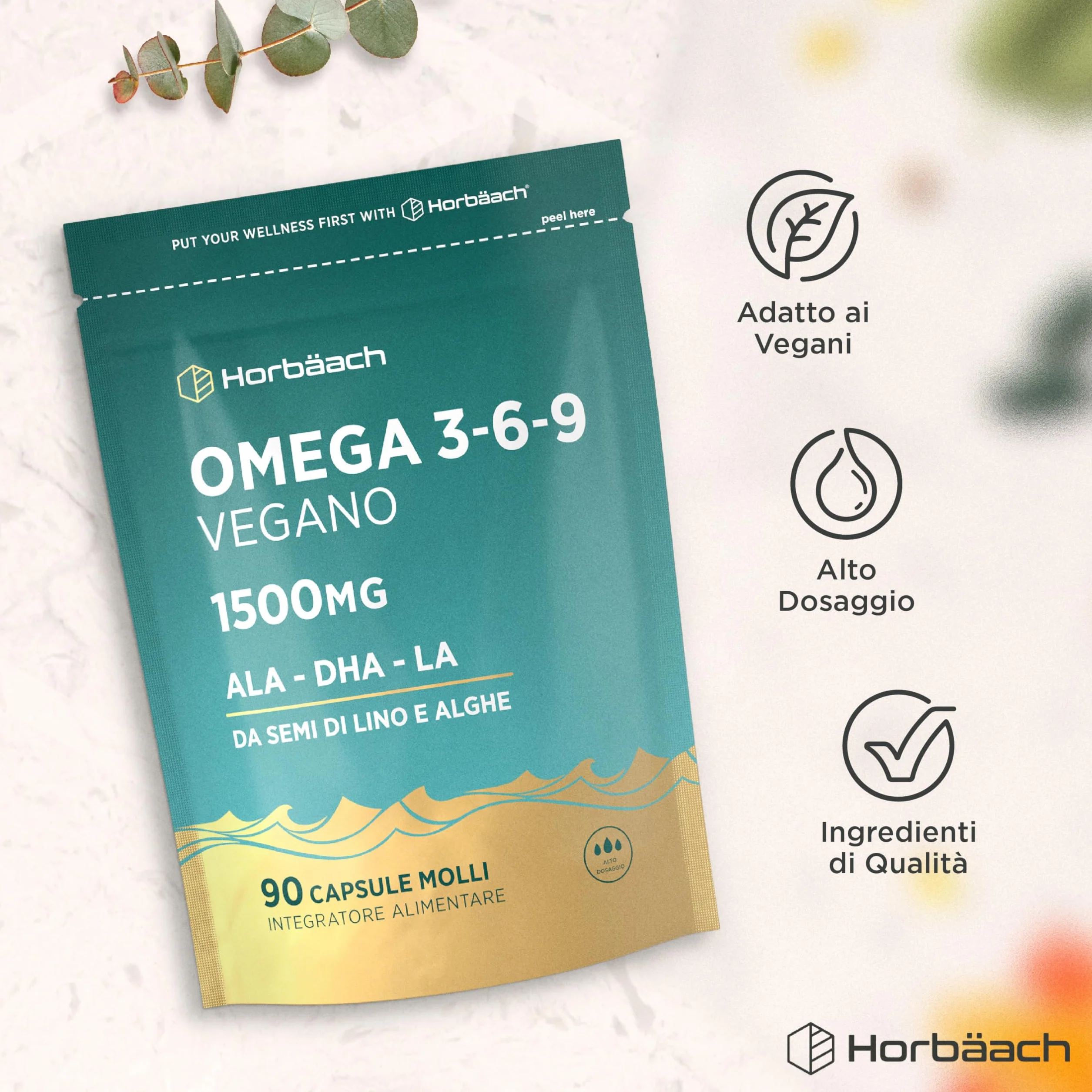 Omega 3 6 9 Vegan 1500mg 90 Capsule Integratore Alimentare con Acidi Grassi ALA DHA Horbaach