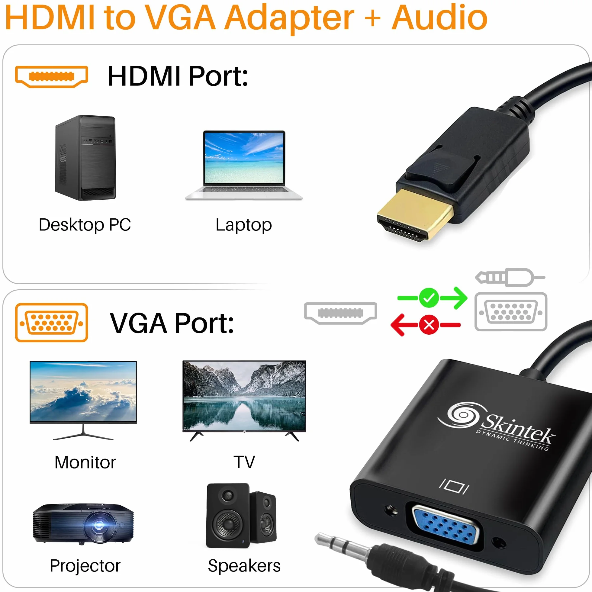 Skintek SK-04-HV adattatore da HDMI a VGA (D-SUB), 1080p 60Hz, Porta Audio da 3,5mm, per PC e Notebook. Per connettere un PC/Notebook a Monitor, Projettore, con ingresso VGA. Cavo 15 cm.