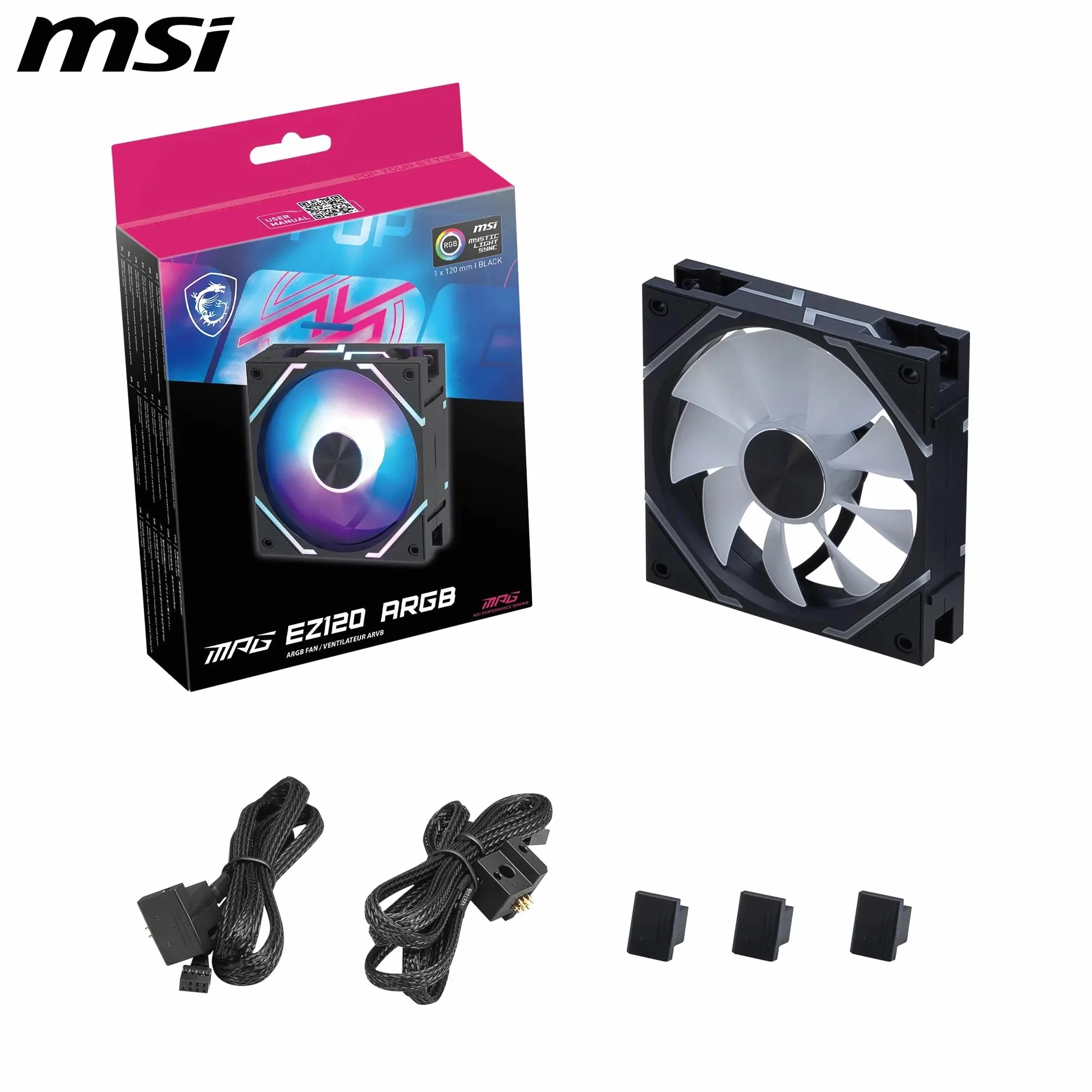Ventola MSI MPG EZ120 ARGB – 120 mm Ventola da 120 mm con cuscinetto a fluido dinamico e fissaggio extra con dado, compatibile con schede madri MSI grazie al supporto di Mystic Light e Cooling Wizard