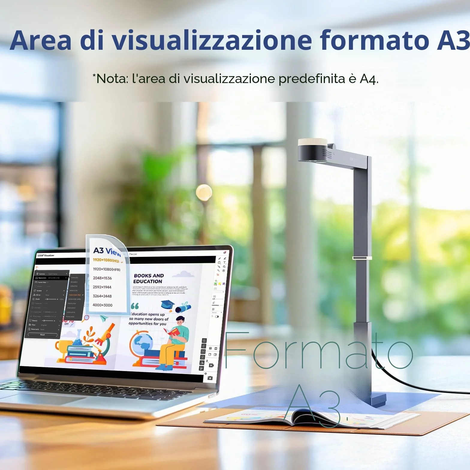 CZUR Fancy S Pro 12 MP Fotocamera per Documenti 4K Pieghevole Visualizzatore Webcam 1080P@60 FPS Doppio Autofocus A3 LED Grigio