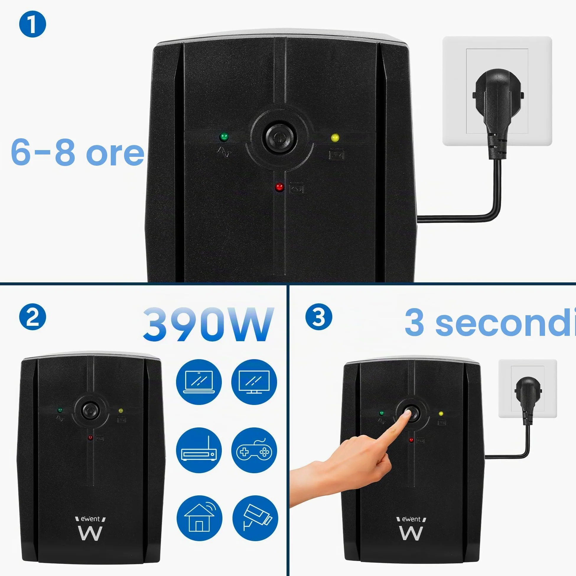 Ewent UPS Gruppo di continuità, Potenza 780VA (390W) 250V, Protezione da Sovratensioni,Sbalzi Corrente e Blackout, Autonomia 10 min, 2 prese Schuko EU, AVR Line Interactive per PC, Modem, Console