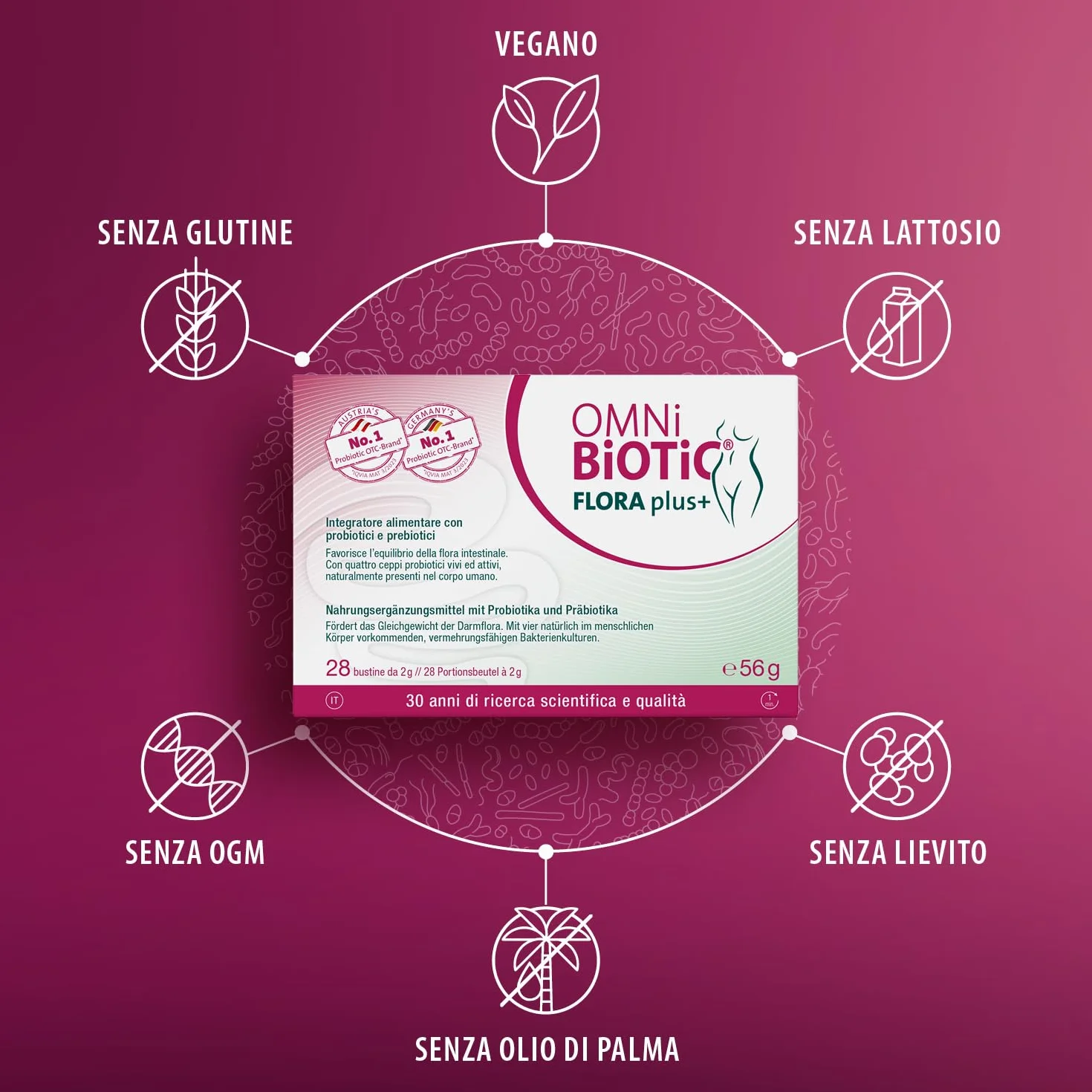 OMNi BiOTiC FLORA plus+ Integratore Alimentare Probiotici Prebiotici Polvere Vegano Senza Glutine 28 Bustine da 2 g
