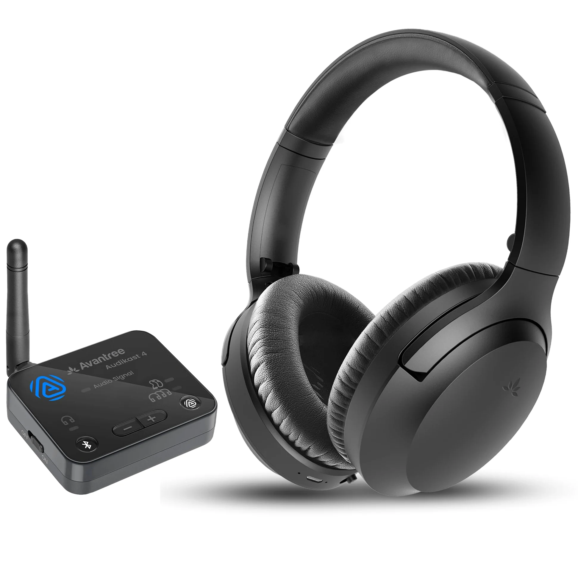 Avantree Audikast 4 + Aria Aura cuffie Bundle - Trasmettitore TV Auracast e cuffie wireless per TV, Voce Chiara, aptX Adaptive, ottico e AUX, batteria da 35 ore, ascolto condiviso in casa
