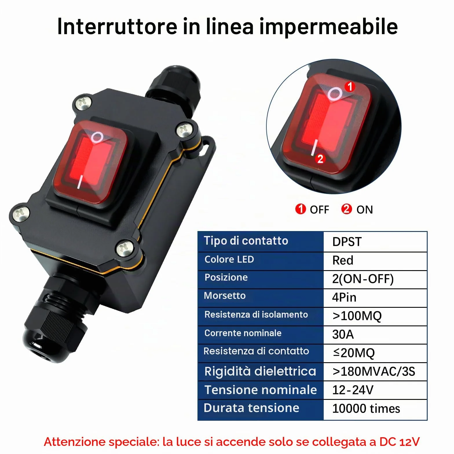 IP67 Interruttore impermeabile Binghe 12-24V 30A Interruttore impermeabile in linea con LED Rosso Interruttore in linea impermeabile per Apparecchiature Meccaniche/Uso esterno/utensili elettrici