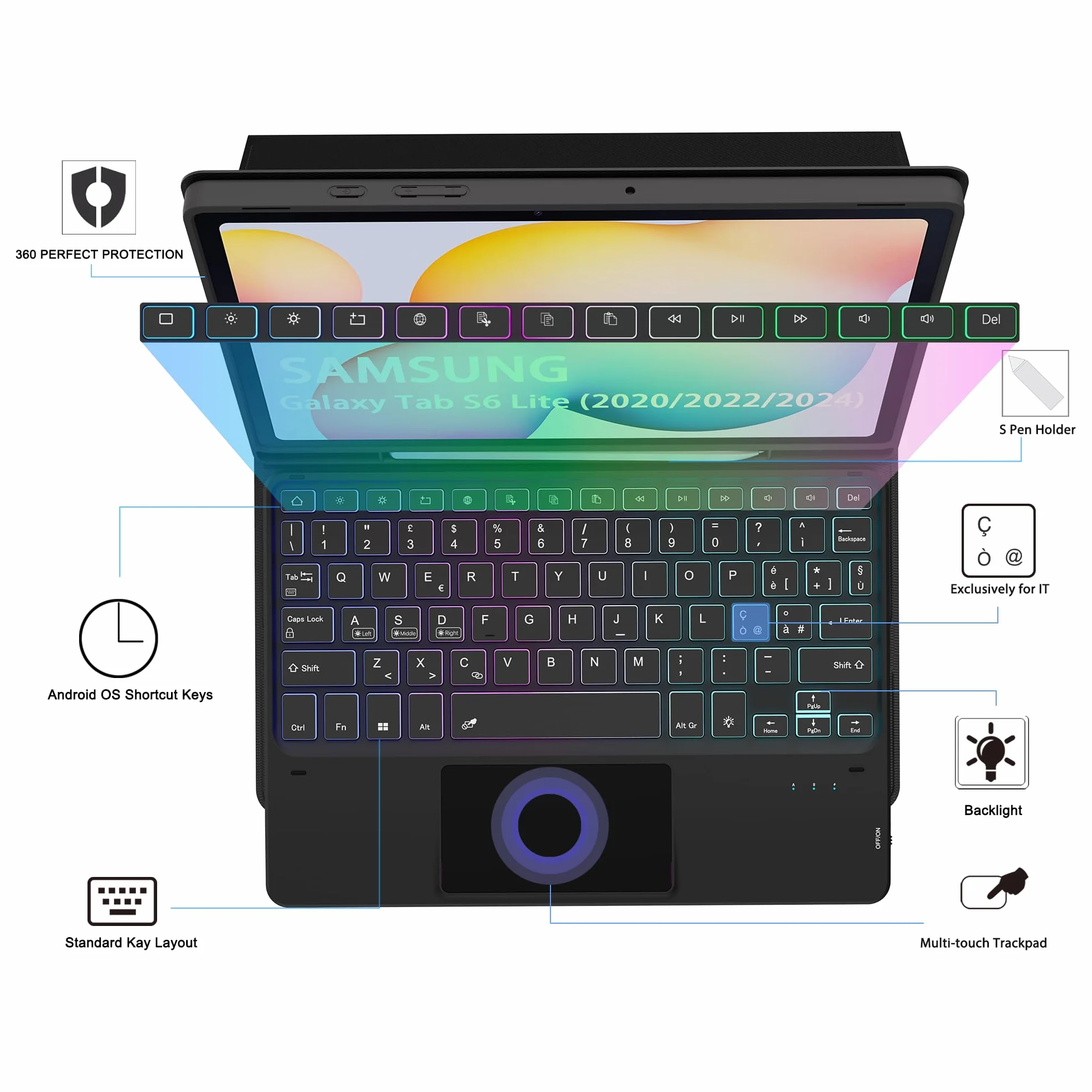 Custodia con Tastiera per Samsung Galaxy Tab S6 Lite 10.4" 2024/2022/2020 : DIY a 3 zone e 7 colori retroilluminati Custodia per tastiera, Italiano ‎QWERTY Staccabile Tastiera con Touchpad per S6 Lite