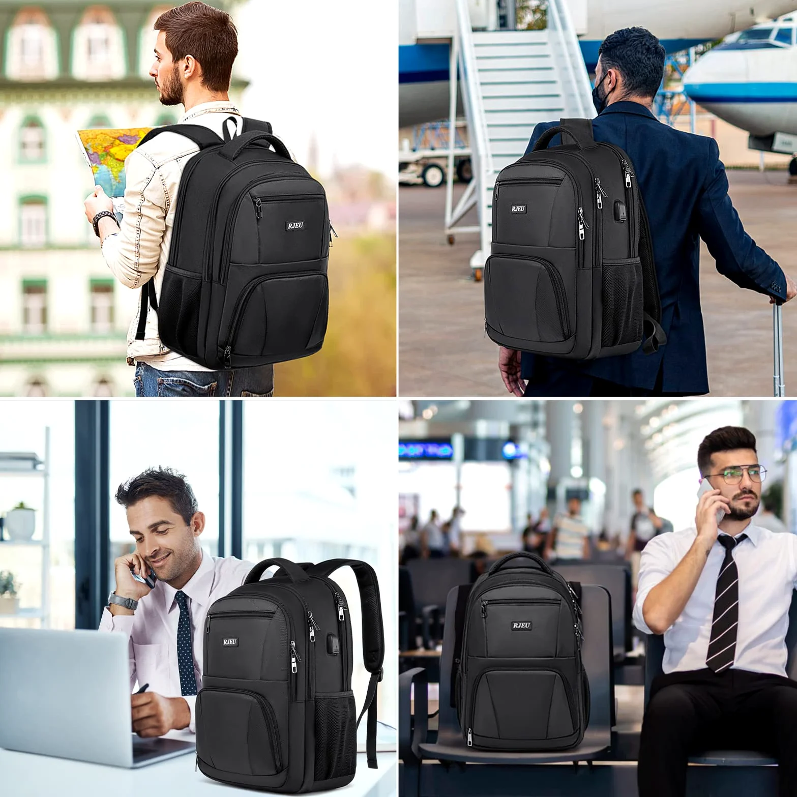 Zaino Uomo, Zaino Scuola Superiore Media Università, Zaino per PC Portatile da 17,3 Pollici con Porta USB, Zaino da Lavoro Impermeabile per Laptop, Viaggio - Regalo per Uomo e Donna, Nero