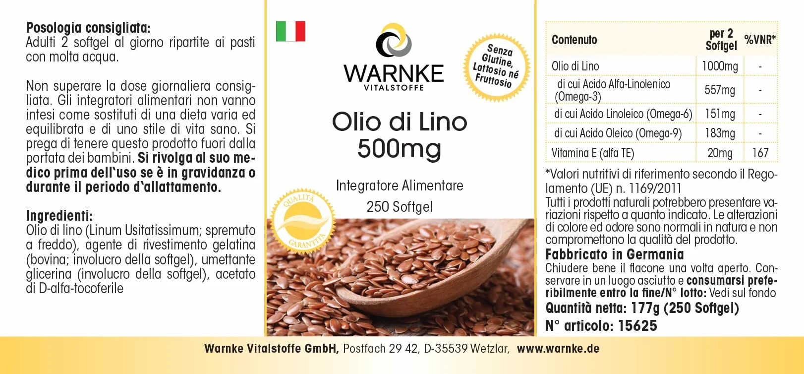 Olio di lino puro 500mg Alpha acido liponico Omega 3-250 Softgel Vitamina E Warnke Vitalstoffe